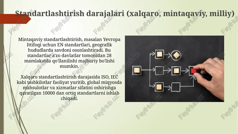 ologiyalari sohasida 2024-2030 yillarda 50 dan ortiq yangi standartlarni ishlab chiqish va joriy etish muhim. "yashil" standartlashtirish, ya'ni ekologik toza texnologiyalar, energiya samaradorligi va chiqindilarni kamaytirishga qaratilgan 30 ga yaqin yangi standartlar orqali 15% kamroq resurs sarflash maqsad qilingan. e'tiboringiz uchun rahmat @taqdimot_robot image1.jpg image2.jpg image3.jpg image4.jpg image5.jpg image6.jpg image7.jpg image8.jpg image9.jpg image10.jpg image11.jpg image12.jpg
