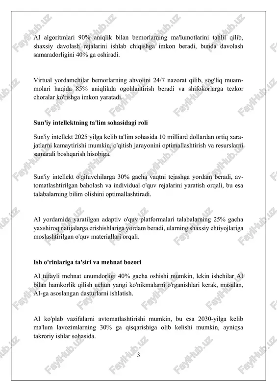 i va mulohazasi cheklangan. hozirgi sun'iy intellekt, ayniqsa, chuqur o'rganish kabi sohalarda katta yutuqlarga erishdi, 2023-yilda tasvirlarni aniqlash darajasi 99% ga yetdi, lekin tushunishda hali muammolar mavjud. generativ ai, masalan, dall-e 2 va midjourney, so'nggi 12 oy ichida keng tarqalgan bo'lib, oddiy matnli so'rovlardan yangi tasvirlarni yaratish imkonini beradi, biroq plagiat xavfi ortmoqda. sun'iy intellektning biznes va moliya sohasidagi roli ai aktivlarni boshqarishda muhim rol o'ynaydi, yuqori chastotali savdoda algoritmlar yordamida 70% gacha bo'lgan savdo hajmini boshqaradi, bozor samaradorligini oshiradi. ai mijozlarga xizmat ko'rsatishda chat-botlar va virtual assistentlar orqali 24/7 xizmatni ta'minlab, xarajatlarni 30% ga kamaytiradi va mijozlar qoniqish darajasini 40% ga oshiradi. ai risklarni baholashda inqilob qiladi, 90% aniqlik bilan, firibgarlikni aniqlashni kuchaytiradi va qarz berishning optimal strategiyalarini ishlab chiqadi, bu esa foydani 20% ga oshiradi. kelajakdagi asosiy yo'nalishlar umumiy ai (agi) rivojlanishi ko'plab sohalarga ta'sir qilishi mumkin, 2040-yilgacha inson darajasidagi kognitiv qobiliyatga ega bo'lgan ai tizimlari paydo bo'lishi …