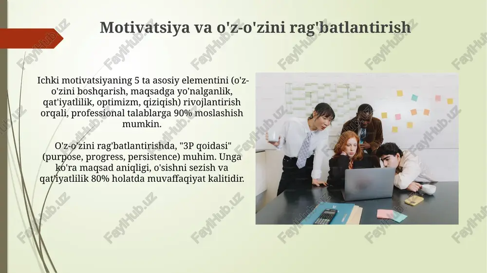 ilish kompetensiyasi 21-asr ko'nikmalaridan biri hisoblanib, murakkab vaziyatlarda 5 bosqichli modeldan foydalanish, masalan, ma'lumot yig'ish va alternativlarni baholashni o'z ichiga oladi. mustaqil ta'lim mustaqil ta'lim o'quv jarayonining muhim qismi bo'lib, talabalar 70% dan ortiq o'quv materialini mustaqil o'zlashtirishlari mumkin. bunda 2 ta asosiy maqsad: bilim olish va amaliy ko'nikmalarni shakllantirish nazarda tutiladi. mustaqil ta'lim hamkorlik va muloqot hamkorlik guruhiy loyihalar, masalan, "innovatsion g'oya 2024" tanlovida muhim ahamiyatga ega. 75% muvaffaqiyatli loyihalar samarali ichki muloqot va jamoaviy ish asosida qurilgan. hamkorlikda konfliktlarni hal qilishning 5 bosqichi bor: aniqlash, tahlil qilish, yechim izlash, baholash va amalga oshirish. 90% hollarda ochiq muloqot va konstruktiv bahslar yechim topishga yordam beradi. innovatsion fikrlash innovatsion fikrlash innovatsion fikrlash 21-asr kompetentsiyalaridan biri bo'lib, u biznesda raqobatbardoshlikni oshirish uchun yangi g'oyalar yaratish, 5 bosqichli dizayn fikrlashdan foydalanish va prototiplashni o'z ichiga oladi. vaqtni boshqarish eyzenaur matritsasi vazifalarni 4 kvadrantga ajratadi: muhim va shoshilinch, muhim va shoshilinch emas, muhim …