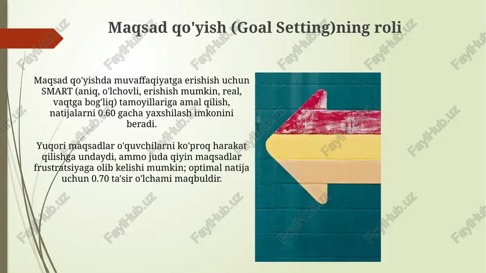 beradi; shuning uchun, o'z-o'zini baholashning samarasi d = 0.5 dan ortiq bo'lishi mumkin. o'quvchilar o'z ishlari sifatini baholash orqali, o'rtacha 0.4 dan 0.7 gacha effekt ko'rsatkichi bilan o'rganish jarayonida katta o'zgarishlarga erishish mumkin, bu ularning tushunish darajasini oshiradi. hamkorlikda o'qish (collaborative learning) hamkorlikda o'qish metodlari, ayniqsa, "o'zaro o'qitish" kabi strategiyalar orqali samarali bo'ladi. bu usulda o'quvchilar 4 ta rol (savol beruvchi, aniqlashtiruvchi, xulosa qiluvchi, bashorat qiluvchi)ni almashib turishadi. hamkorlikda o'qish, o'quvchilarni 0.40 dan 0.78 gacha ta'sir ko'rsatishi mumkin, bu esa standart o'sishdan sezilarli darajada yuqori. muammolarni birgalikda hal qilish orqali bilimlar konstruktiv tarzda yaratiladi. xulosa va amaliy tavsiyalar o'quv jarayonida teskari aloqani (d = 0.75) muntazam qo'llash, ayniqsa o'quvchining tushunmovchiliklarini aniqlash va tuzatish uchun, 1-sinfdan boshlab o'qituvchilar tomonidan amalga oshirilishi lozim. o'quvchilarning o'z-o'zini baholash ko'nikmalarini (d = 0.41) rivojlantirish, xususan, o'z maqsadlarini belgilash va ularga erishish jarayonini kuzatish orqali, 5-sinfdan boshlab kiritish o'rinli. maktab muhiti bilan bog'liq omillar maktabda ota-onalar …