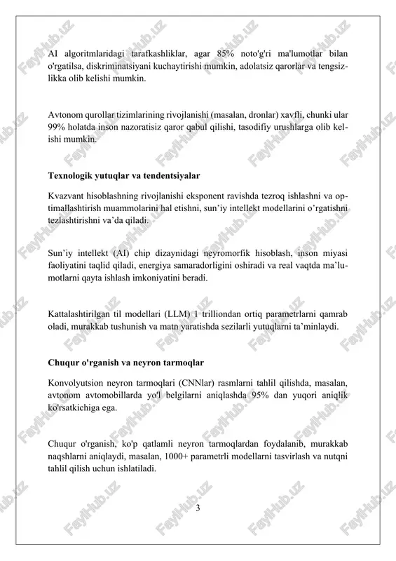 optimallashtirish strategiyalariga e'tibor qaratishni talab qiladi. kirishning kelajagi 2024-yilda ai rivojlanishida yangi paradigma bo'lib, noaniqlik va etishmayotgan ma'lumotlar bilan qanday kurashishda muhim qadam bo'lib xizmat qiladi, xususan, 70% to'siqlarga olib keladi. kirish texnologiyasi ai tizimlariga o'rnatilgan bo'lib, taxminan 5 milliardlab bayt ma'lumotlarni qayta ishlashga imkon beradi, bu esa katta hajmdagi ma'lumotlar to'plamlaridagi kamchiliklarni hal qiladi. moliya sohasida sun'iy intellekt ai kredit baholash modellarining tarqalishi qarz oluvchilar uchun adolatli va shaffof kreditlash imkoniyatini yaratadi, shu bilan birga, har bir operatsiyaga taxminan 0.05-0.1% tejamkorlikka olib keladi. sun'iy intellekt yordamida avtomatlashtirilgan firibgarlikni aniqlash tizimlari real vaqtda anomaliyalarni aniqlay oladi, banklar uchun har yili o'rtacha 15-25% firibgarlik yo'qotishlarini kamaytiradi. sun'iy intellektga asoslangan moliyaviy prognozlash algoritmalaridan foydalanish risklarni boshqarishni yaxshilaydi, xususan, 20-30% ga kredit defaultini aniqlash aniqligini oshirishi mumkin. transportda sun'iy intellekt sun'iy intellekt transportda 5-darajali avtonomiyaga olib keladi, bunda mashinalar 100% mustaqil bo'ladi va haydovchiga ehtiyoj qolmaydi, yo'l harakatini optimallashtiradi. transportdagi ai aktivlarini bashoratli …