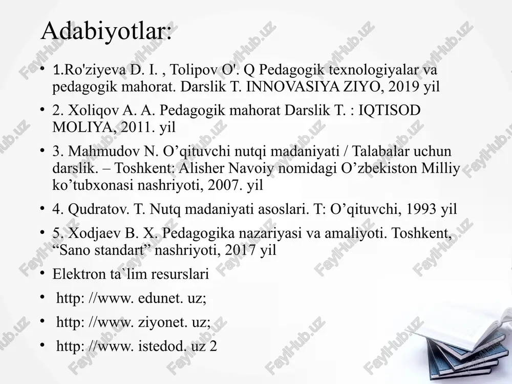 sir usullaridan yaxshiroq foydalanishga imkon yaratadi. pedagog o’zining ovozi va ko’rinishini boshqarishni bilishi, tashqi qiyofani, mimikani ushlab turishni bilishi zarur. men faqat “buyoqqa kel” so’zini 15-20 xilda gapira olganimdan, yuz, tashqi qiyofa va ovozni 20 xil ko’rinishda bera olganimdan so’nggina haqiqiy mahorat egasiga aylandim,- degan a.s. makarenko ayrim mutaxassislar tovush va uning tembri tug`ma xususiyat, deydilar, lekin hozirgi eksperimental fiziologiya tovush sifatining o’zgarishi mumkinligini tasdiqlaydi. nutqning ifodali, sof bo’lishi ustida ishlash fikrlarning ravon bo’lishiga ta’sir qiladi. nutq imo-ishora, mimika, harakat bilan birga sodir bo’ladi, uzluksiz o’zini tuta bilish ta’sirchan vositalarini tanlashga muvaffaqiyatli ravishda tuzatish kiritib borish imkonini beradi. bugungi kunda nutq texnikasi bo’yicha bir necha mashq komplekslari ishlab chiqilgan. ular, asosan teatr pedagogikasi tajribasiga asoslangan bo’lib, so’zlashish paytida nafas olish, tovush hosil qilish va uni ma’noli ifodalash malakalarini takomillashtiradi, bu esa o’qituvchiga o’z so’zi mazmunini o’quvchilarga yanadi to’laqonli qilib etkazishga imkon beradi. (taqdimotning ilova qismida mustaqil o`rganish uchun ayrim mashqlar …