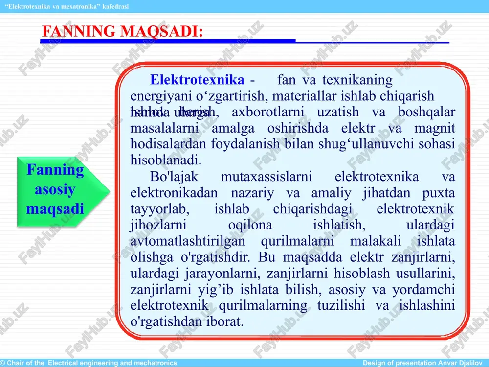 lishligidan qatiy nazar ular eng sodda elementlardan – atomlardan bo’ladi. bir necha atomlar birlashib esa molekulalarni tuzilgan tashkil qiladi. bir necha molekulalar birlashib esa o’z navbatida siz va bizga ko’rinib – ko’rinmay turgan qattiq, suyuq va gaz holatidagi jismlarni tashkil qiladi. xo’p shunday ekan, bizdan tashqi muhitdagi narsalar hammasi atomlardan, ya'ni proton va neytronlardan, bitta musbat va bitta manfiy zarrachalardan iborat ekan. bir necha protonlar birlashib atomni yadrosini, bir necha neytronlar birlashib moddalarni elektronlarini tashkil qiladi.yadro va elektron bu bir butun atom demakdir. 1.2. elektr zanjiri va uning elementlari. energiya manbalari. har qanday elektr qurilmaning tarkibiy qismini elektr zanjirlar tashkil qiladi. elektr zanjiri - deb elektr manbai, elektr iste’molchilari va ularni o’zaro tutashtirib elektr toki uchun yo’l hosil qiluvchi simlar majmuasiga aytiladi. elektr zanjir tushunchasi elektrotexnika fanining tayanch tushunchasidir. elektr energiya manbai, iste'molchi va ularni o'zaro birlashtiruvchi o'tkazgichlar elektr zanjirning asosiy elementlari, o'lchash asboblari, ulab-uzgichlar va himoyalash qurilmalari esa uning …