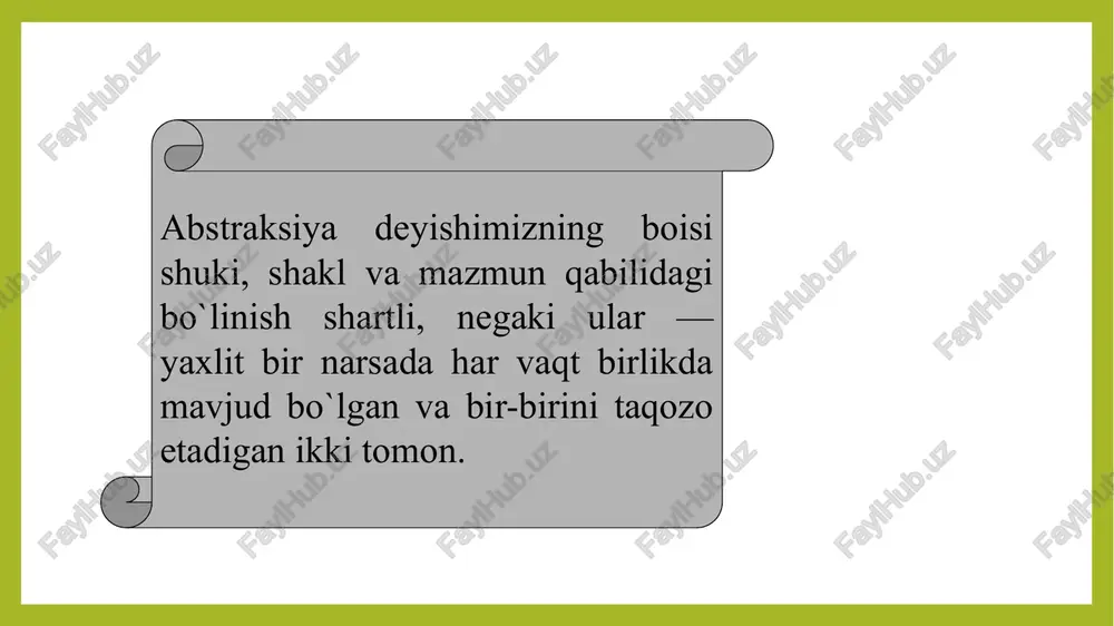 itsiya, til, ritm, obrazlar sistemasi — shakl unsurlari (shepilova); 2) tema, ideya, xarakter — mazmun mazmun unsurlari; syujet, kompozitsiya, til — shakl shakl unsurlari (l.timofeev); biz ishimizni osonlashtirish uchun kursimiz davomida tubandagicha tasnifga tayanishni ma'qul ko`ramiz: problema, tema, tendentsiya, g`oya — mazmun unsurlari; til, obrazlar sistemasi, syujet, konflikt, kompozitsiya, ritm — shakl unsurlari. badiiy asar mazmuni deyilganda ko`proq g`oyaviy mazmun tushunilsa-da, badiiy mazmun g`oyaviy mazmundan kengroq tushunchadir. bu esa badiiy asar mazmunining obyektiv va subyektiv birlik ekanligi bilan bog`liq hodisadir. agar asarda tasvirlanayotgan voqea-hodisalarni, badiiy reallikni obyektiv ibtido desak, ijodkorning tasvirlanayotgan voqea-hodisalarga munosabati subyektiv ibtidodir. badiiy mazmun shu ikki ibtidoning qo`shilishi asosida yuzaga chiqadi. 2.5.badiiy mazmunning yuzaga chiqishi va mazmun uzvlari haqida. tasvirlanayotgan voqea-hodisalarga muallifning g`oyaviy-hissiy munosabati, obrazlar sistemasi vositasida ifodalangan problematikaning badiiy idrok etilishi va baholanishi tendensiya (lat., "intilmoq", "yo`naltirmoq") deyiladi. demak, tendensiya asar problematikasidan kelib chiqib tanlangan hayot materialini umumlashtirgan ("yo`naltirgan") holda badiiy g`oyaga aylantiruvchi vosita ekan. ya'ni, …