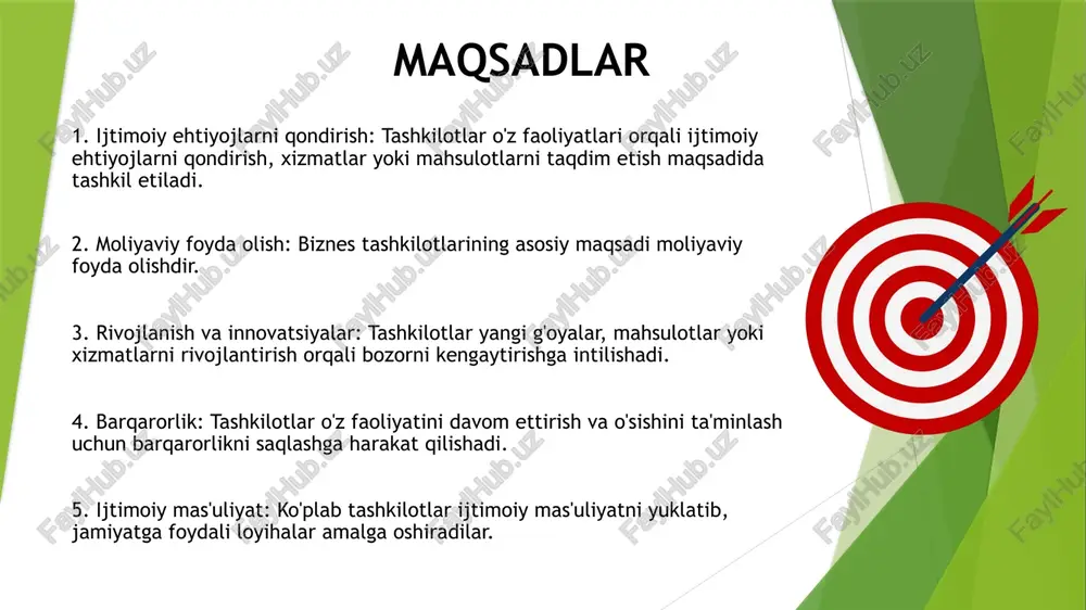 y intellekt, ma'lumotlarni tahlil qilish yoki avtomatlashtirish kabi texnologiyalarni qo'llash orqali samaradorlik oshadi. mijozlarga yo'naltirilgan yondashuv: mijozlarning fikr-mulohazalari asosida mahsulot yoki xizmatlarni takomillashtirish innovatsion jarayonning ajralmas qismidir. mijozlarning ehtiyojlariga mos keladigan yechimlarni taklif etish muvaffaqiyatli bozorga kirishga yordam beradi. rivojlanish va innovatsiyalar maqsadlar resurslarni boshqarish: tashkilotlar o'z resurslarini (moliyaviy, insoniy, tabiiy) samarali va oqilona boshqarishi lozim. bu resurslarni tejash va ularni kelajakda foydalanish imkoniyatini yaratadi. ijtimoiy mas'uliyat: tashkilotlar ijtimoiy mas'uliyatni o'z zimmalariga olishlari muhimdir. bu ekologik barqarorlikni ta'minlash va jamiyatga ijobiy ta'sir ko'rsatishni anglatadi. innovatsiyalar: barqarorlikni ta'minlash uchun yangi g'oyalar va texnologiyalarni joriy etish zarur. innovatsion yondashuvlar tashkilotning raqobatbardoshligini oshirishi mumkin. strategik rejalashtirish: uzoq muddatli maqsadlar belgilab, ularga erishish uchun aniq strategiyalar ishlab chiqilishi kerak. bu tashkilotning yo'nalishini belgilaydi va resurslardan samarali foydalanishga yordam beradi. xodimlarni jalb qilish: xodimlarning motivatsiyasi va ishtiroki barqarorlikka katta ta'sir ko'rsatadi. ularning fikrlarini inobatga olish va rivojlanishlariga imkon berish muhim ahamiyatga ega. mijozlar bilan aloqalar: …