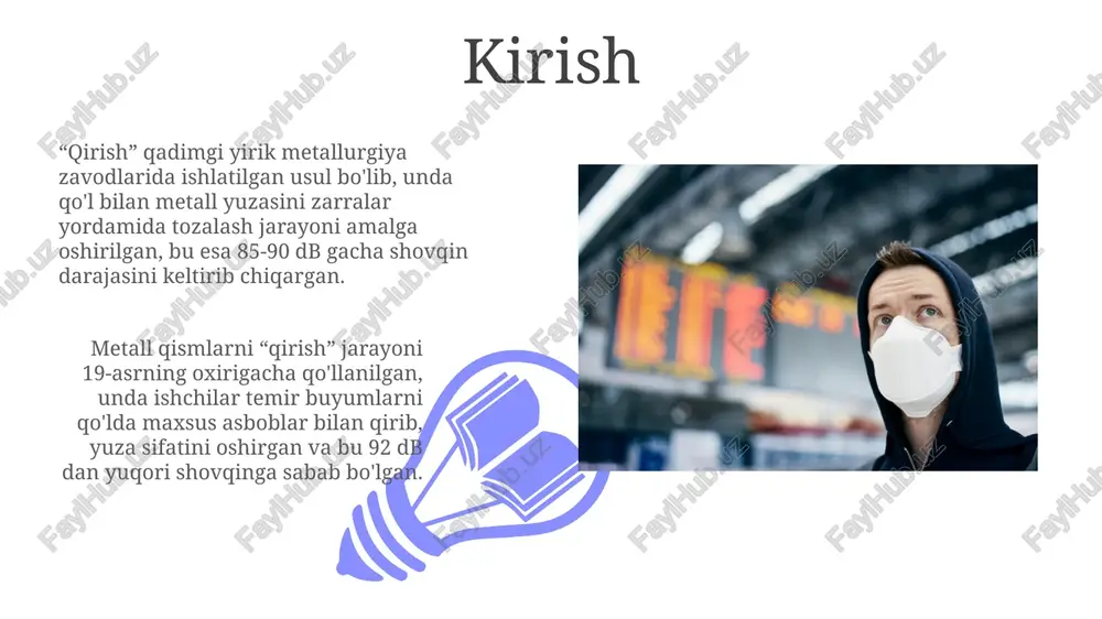 esa muammoli chastota diapazonlarini aniqlash imkoniyatini beradi. shovqinni kamaytirish usullari (muhandislik) mashina va mexanizmlarning vibratsiyasini kamaytirish uchun dinamik so'ndirgichlar o'rnatish, rezonans chastotasini ishchi diapazondan uzoqlashtirish orqali shovqinni 5-10 db ga tushirish mumkin. akustik materiallardan foydalanish, masalan, tovushni yutuvchi panellar (α > 0.8) devorlarga o'rnatilib, shovqin energiyasini issiqlikka aylantirib, xonadagi shovqin darajasini 3-7 db ga kamaytiradi. shaxsiy himoya vositalari (shhv) shaxsiy himoya vositalari (shhv), masalan, shovqinni kamaytiruvchi quloqchinlar, 25 db gacha shovqinni susaytirishi va ishchilarning eshitish qobiliyatini himoya qilishi mumkin. maxsus mo'ljallangan shhv, jumladan, shovqinni bekor qiluvchi quloqchinlar, 85 db dan yuqori shovqin darajasida xavfsizlikni ta'minlaydi va ish samaradorligini oshiradi. shovqinni kamaytirish bo'yicha ma'muriy choralar 01 02 ish joylarida shovqin darajasini doimiy ravishda monitoring qilish va 85 dba dan yuqori bo'lgan hududlarda majburiy eshitish himoyasi zonalarini o'rnatish. sales 1st qtr 2nd qtr 100 0 sales 1st qtr 2nd qtr 100 0 shovqinni nazorat qilish dasturlari shovqinni nazorat qilish dasturlari odatda xodimlarning …