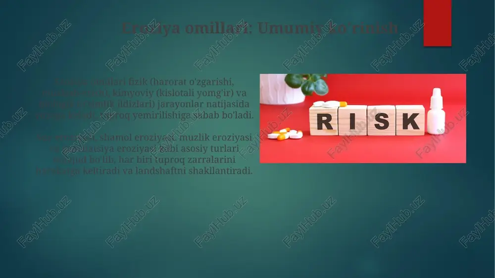 larida, tuz kristallari 0.5 dan 5 mm gacha boʻlgan oʻlchamdagi teshiklarni hosil qilib, togʻ jinslarini mexanik tarzda parchalaydi. o'simliklar qoplamining roli o'simliklar qoplami tuproqning eroziyaga chidamliligini oshiradi, ildizlar tuproq zarralarini biriktirib, suv oqimining 70-80 foizini kamaytiradi, shu orqali eroziyani nazorat qiladi. o'simliklar qoplamining barglari yomg'ir energiyasini kamaytiradi, tuproqqa bevosita zarbani 50-60 foizga qisqartiradi va tuproqning himoyalanishiga yordam beradi. tuproq tuzilishining ta'siri tuproq strukturasi suv o'tkazuvchanligini belgilaydi; yaxshi tuzilgan tuproqlar 10 mm/soat dan yuqori tezlikda suvni o'tkazadi, bu esa eroziyani kamaytiradi. strukturaviy barqarorlikka ega tuproqlar 0.5-2 mm agregatlarni shakllantiradi, bu esa ularning shamol va suv eroziyasiga chidamliligini oshiradi hamda tuproq unumdorligini saqlaydi. iqlim omillari haroratning keskin o'zgarishi tog' jinslarining mexanik nurashiga sabab bo'ladi, bu esa tuzilmalarning zaiflashuviga va 0,5 mm dan 5 mm gacha bo'lgan mayda zarralar hosil bo'lishiga olib keladi. yog'ingarchilik miqdori va shakli (qor, yomg'ir) tuproqning eroziyasiga ta'sir qiladi; kuchli yomg'ir 10 sm qatlamdan 30 sm qatlamgacha bo'lgan tuproqni …