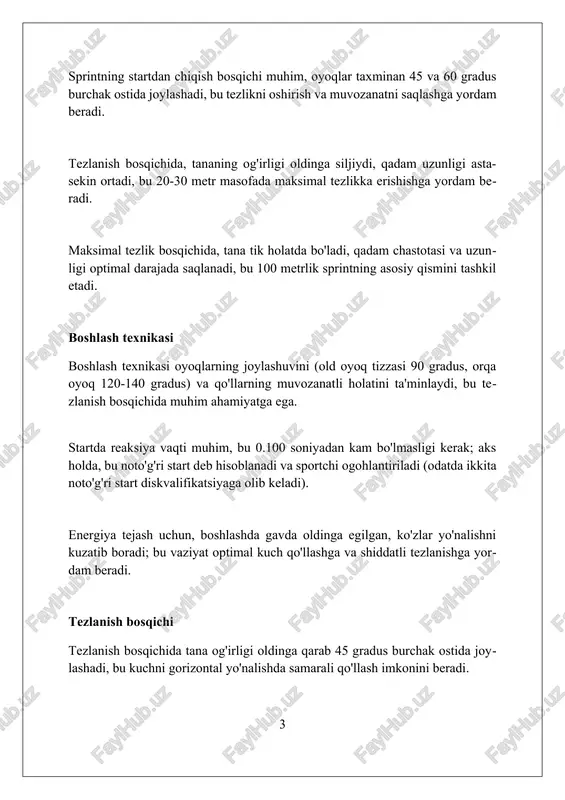 ar kuchli va tez harakatlanishi kerak, lekin ortiqcha zo'riqishsiz. harakatlar amplitudasi taxminan 45 gradusni tashkil qilishi lozim, bu samaradorlikni oshiradi. oyoqlarning harakati tizzalar yuqori ko'tarilishi kerak, bu har bir qadamda maksimal kuch va tezlikni ta'minlaydi, ideal holda 90 daraja burchak hosil qilib, sonning erga parallel bo'lishiga erishish zarur. oyoq bilagi zo'r ishlashi muhim, yerga tegish vaqtida oyoq bilagi to'g'ri bo'lishi kerak va keyin kuchli itarilish uchun oyoq barmoqlari bilan yerga bosish kerak, bu harakat tezlikni oshiradi. orqa oyoq harakati tez va faol bo'lishi kerak, har bir qadamdan so'ng oyoq dumba tomon tezda tortilishi kerak, bu keyingi qadamga tayyorgarlikni tezlashtiradi va harakat tezligini oshiradi. tana holati "tana holati" start komandasida oyoqlar pozitsiyasi bloklarda aniqlanadi, dominant oyoq odatda oldinda bo'ladi, oldingi tizzaning burchagi taxminan 90 gradus va orqa tizzaning burchagi 120-140 gradus bo'lishi kerak. "tana holati"da og'irlik markazi oldinga siljiydi, bu esa reaksiyani tezlashtiradi. qo'llar elkalar kengligida joylashgan va barmoqlar boshlang'ich chiziq …