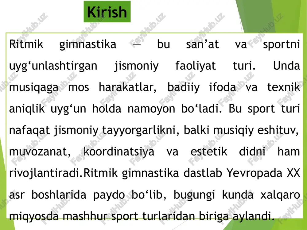 haytirish zarur. o'zbekistonda ritmik gimnastika maktabi milliy g'urur manbai bo'lib, 2025-yilgi muvaffaqiyatlari kelajakdagi olimpiya yutuqlariga zamin yaratadi. xulosa foydalanilgan adabiyotlar abdurahmonov, b. “ritmik gimnastika asoslari.” – toshkent: o‘zbekiston davlat jismoniy tarbiya universiteti, 2018. raximova, d. “gimnastika nazariyasi va metodikasi.” – toshkent, 2019. fig (fédération internationale de gymnastique). “rhythmic gymnastics code of points.” – lausanne, 2022. o‘zbekiston respublikasi jismoniy tarbiya va sport vazirligi nashrlari. “ritmik gimnastika: sportchilar uchun qo‘llanma.” – toshkent: ijtimoiy fanlar nashriyoti, 2020.