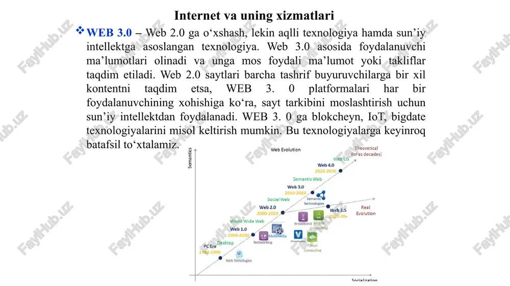 i (dastlab shisha, hozirda esa plastik tola) kabellar ishlatilishi mumkin. – koaksial kabellar (coaxial cable) televizion antenna kabeliga juda o‘xshash; – o‘ralgan juft kabellar (tvisted pair) telefon simini eslatadi; – optik tolali kabellar (fider-optic cable) – eng ishonchli va tez, ammo nisbatan qimmat turuvchi kabel. aloqa vositalari kabel turi o‘tkazish tezligi, mbit/sek tarmoqni hosil qiluvchi nuqtalar orasidagi masofa koaksial kabellar 300 mbit/sek 500 m o‘ralgan juft kabellar 10 gbit/sek 100 m optik tolali kabellar 10/100/1000 gbit/sek; 10/40/100/200 gbit/sek 80 km koaksial kabel dielektronik bilan qoplangan ekranlovchi himoya qobiqli mis o‘tkazgich (sim)dan iborat. o‘ralgan juft asosli kabel bir necha juft dielektrik (plastikli) qobig‘i izolyatsiyalangan, buralgan mis simlardan tashkil topgan. optik tolali kabel – sirtidan mustahkam himoya qobig‘i bilan qoplangan, ichida esa diametri 5 dan 100 mikrongacha bo‘lgan mayda shisha yoki plastik tolalardan iborat ingichka, egiluvchan, shaffof kabel. bitta kabel tarkibida bunday tolalardan bitta yoki yuzlab bo‘lishi mumkin simsiz aloqa vositalari quyidagilar …