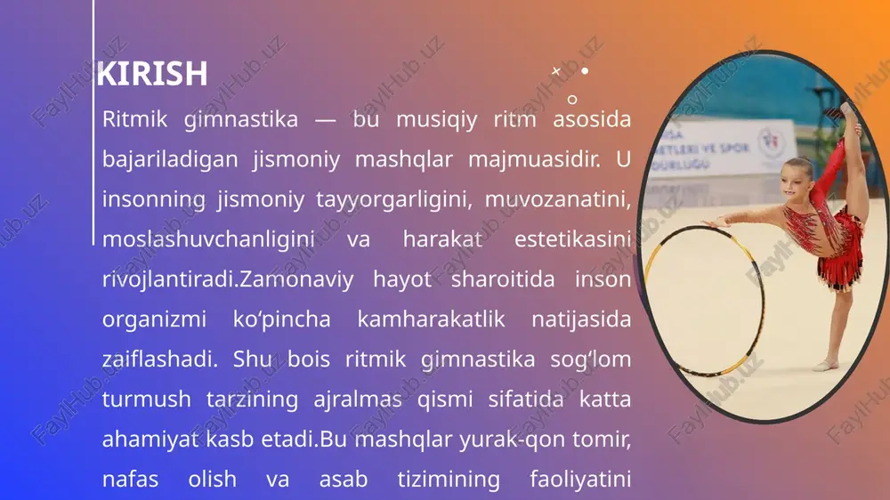 rni rivojlantirishda uning roli shubhasiz, chunki mashqlar miya va tananing uyg'unligini ta'minlaydi. estetik didni shakllantirish va emotsional holatni yaxshilash jarayonlari esa shaxsning ichki dunyosini boyitadi, stressni kamaytiradi va ijobiy kayfiyatni shakllantiradi. ayollar va bolalar sog'lom turmush tarzida ritmik gimnastika kasalliklarni oldini olish, o'ziga ishonchni oshirish va oilaviy hamkorlikni mustahkamlashda muhim ahamiyat kasb etadi. 13 foydalanilgan adabiyotlar axmedov b. jismoniy tarbiya nazariyasi va metodikasi. – toshkent: o‘qituvchi, 2019. jo‘raev t. sport mashg‘ulotlari asoslari. – toshkent: turon zamin ziyo, 2020. karimova s. gimnastika darslari metodikasi. – toshkent: istiqlol nuri, 2018. raximov a. jismoniy tarbiya va sog‘lomlashtirish ishlari metodikasi. – toshkent: fan va texnologiya, 2021. o‘zbekiston respublikasi jismoniy tarbiya va sport to‘g‘risidagi qonuni. – toshkent, 2015. fig (fédération internationale de gymnastique). rhythmic gymnastics code of points. – lausanne, 2022. 14 e’tiboringiz uchun rahmat 15 image1.png image2.png image3.png image4.png image5.png image6.png image7.png image8.png image9.png image10.png image11.png image12.png image13.png image14.png image15.png image16.png image17.png image18.png /docprops/thumbnail.jpeg