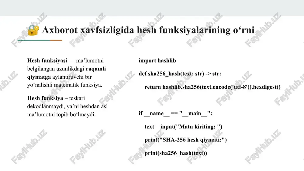o‘liq murojaat qilishi kerak bo‘lsa, rainbow table bu ishni oldindan qisman bajaradi — keyin tekshirish jarayonini tezlashtiradi. qanday ishlaydi — yuqori darajadagi bosqichlar belgilar to‘plami va maksimum uzunlik tanlanadi har bir boshlang‘ich parol uchun: takroran: hash → reduction → hash → reduction ... (bu ketma-ketlik zanjir hosil qiladi) maʼlum uzunlikdagi zanjirdan so‘ng faqat boshlang‘ich va oxirgi element saqlanadi. qachonki sizda maqsadiy hash bo‘lsa, uni jadvaldagi oxirgi qiymat bilan moslashtirasiz — agar topilsa, zanjirni qayta tiklab, haqiqiy parolni aniqlashga harakat qilasiz. brute-force, dictionary brute-force for pin in range(0000, 9999): if hash(pin) == target_hash: print("topildi:", pin) break dictionary wordlist = ["password", "hello", "admin", "qwerty"] for word in wordlist: candidates = [word, capitalize(word) + "1"] for cand in candidates: if hash(cand) == target_hash: print("topildi:", cand) break xulosa heshlarni “dekodlash” (yaʼni parol yoki original qiymatni topish) asosan uch ta yondashuv orqali amalga oshiriladi: brute-force, dictionary va rainbow table. har bir yondashuvning samarasi keyspace hajmi, …