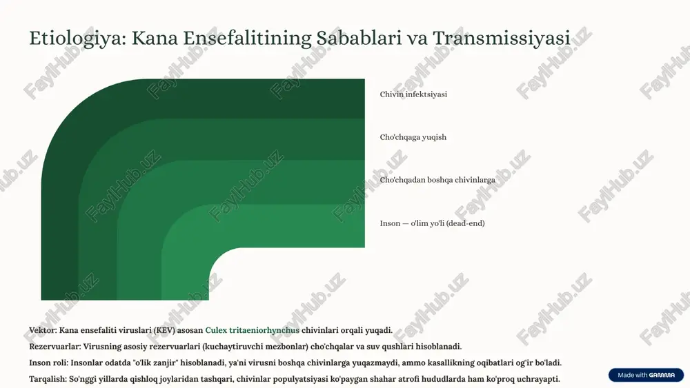 adi. virusni aniqlash (pcr) qon, siydik yoki likvordan olingan namunalarda polimeraza zanjir reaksiyasi (pcr) yordamida virus genetik materialini aniqlash. 7 oldini olish va profilaktika: eng samaraali himoya shaxsiy himoya eng samarali usul — chivinlardan himoya qilish. uzun yengli kiyimlar, tana ochiq joylariga insektitsid (deet) surtish va uxlashda chivin tarmoqlari (to'r) dan foydalanish. samarali vaksinatsiya kana ensefalitiga qarshi xavfsiz va samarali vaksina mavjud. u yuqori xavfli hududlarga sayohatchilarga, shuningdek, chorvachilik va qishloq xo'jaligi bilan shug'ullanuvchi aholiga tavsiya etiladi. ommaviy emlash dasturlari endemik mamlakatlarda (masalan, xitoy, hindiston, vyetnam) bolalar orasida keng ko'lamli emlash dasturlari yo'lga qo'yilgan, bu kasallik yuklamasini sezilarli darajada kamaytirgan. 8 ke va global sog'liqni saqlash: muammolar va tadqiqotlar jahon sog‘liqni saqlash tashkiloti (jsst) kana ensefalitini asosiy e'tibor talab qiladigan tropik kasalliklar ro'yxatiga kiritgan. so'nggi tadqiqotlar bir nechta muhim tendensiyalarni ko'rsatmoqda: iqlim o'zgarishi: global isish va iqlim o'zgarishi chivinlarning tarqalish hududini kengaytirmoqda, bu esa ke ning yangi geografik hududlarda paydo …