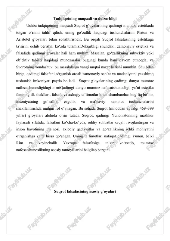 li rivojlantirgan va inson hayotining ma’nosi, axloqiy qadriyatlar va go‘zallikning ichki mohiyatini o‘rganishga katta hissa qo‘shgan. uning ta’limotlari nafaqat qadimgi yunon, balki rim va keyinchalik yevropa falsafasiga ta’sir ko‘rsatib, mumtoz nafosatshunoslikning asosiy tamoyillarini belgilab bergan. suqrot falsafasining asosiy g‘oyalari suqrot falsafasi qadimgi yunonistonning intellektual hayotida markaziy o‘rin egallagan bo‘lib, uning asosiy g‘oyalari inson hayoti, axloq va ma’naviy rivoj haqidagi savollarga javob berishga qaratilgan. suqrot o‘z falsafasini yozma shaklda qoldirmagan, ammo uning shogirdlari, xususan platon va ksenofont orqali bizga yetib kelgan. uning falsafasi suhbat va savol-javob uslubi (dialektika) orqali rivojlangan bo‘lib, insonni o‘z hayotini tanqidiy o‘rganishga chaqiradi. har bir g‘oyani dalillar va amaliy misollar bilan yoritib, uning falsafiy va axloqiy ahamiyatini ko‘rsatamiz. asosiy tushunchalar.suqrot falsafasining markazida axloqiy masalalar turadi. u olamning kelib chiqishi va tuzilishini oʻrganishni rad etib, inson tafakkuri bunga qodir emas deb hisoblagan. falsafaning asosiy maqsadi oʻz-oʻzini bilish boʻlib, bu chin ezgulikka erishish yoʻlidir. ezgulikni bilim yoki donolik deb …