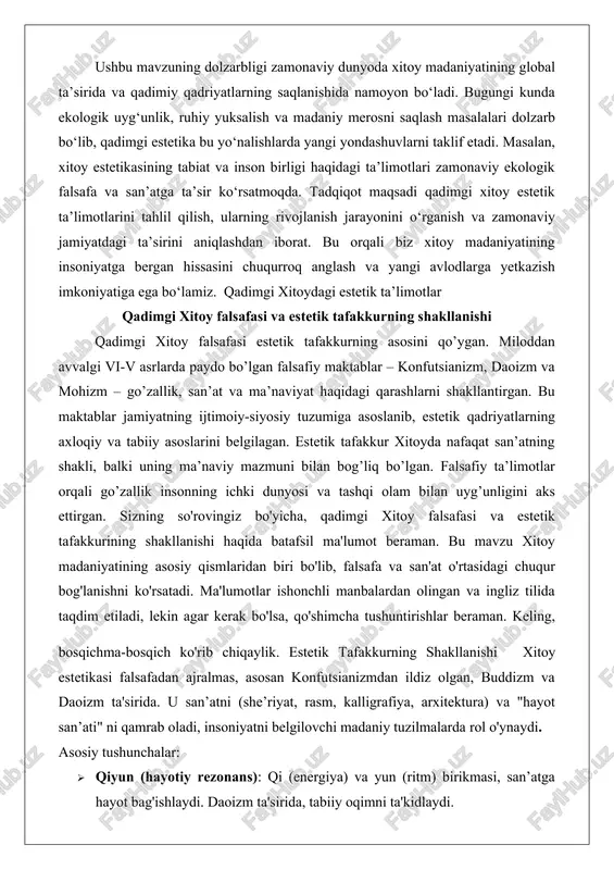 iri bo'lib, falsafa va san'at o'rtasidagi chuqur bog'lanishni ko'rsatadi. ma'lumotlar ishonchli manbalardan olingan va ingliz tilida taqdim etiladi, lekin agar kerak bo'lsa, qo'shimcha tushuntirishlar beraman. keling, bosqichma-bosqich ko'rib chiqaylik. estetik tafakkurning shakllanishixitoy estetikasi falsafadan ajralmas, asosan konfutsianizmdan ildiz olgan, buddizm va daoizm ta'sirida. u san’atni (she’riyat, rasm, kalligrafiya, arxitektura) va "hayot san’ati" ni qamrab oladi, insoniyatni belgilovchi madaniy tuzilmalarda rol o'ynaydi. asosiy tushunchalar: · qiyun (hayotiy rezonans): qi (energiya) va yun (ritm) birikmasi, san’atga hayot bag'ishlaydi. daoizm ta'sirida, tabiiy oqimni ta'kidlaydi. · yijing (san’atiy kontseptsiya): ichki ko'rish va emotsiya birikmasi, forma va mazmun garmoniyasini yaratadi. konfutsiy garmoniyasi va daoizm kosmologiyasidan kelib chiqadi. · go'zallik hissi (mei gan): ob'ektiv go'zallikni idrok etish, intellektual va emotsional jarayon orqali. estetika epistemologiya bilan bog'langan: go'zallik idroki axloqiy rivojlanishga yordam beradi, dao va li (printsip) ni tushunish orqali. zhuangzi ideal shaxs tasvirlari orqali estetik tafakkurni ruhiy transsendensiyaga bog'laydi. konfutsiy ta’limotida go‘zallik va axloq uyg‘unligi konfutsiy …