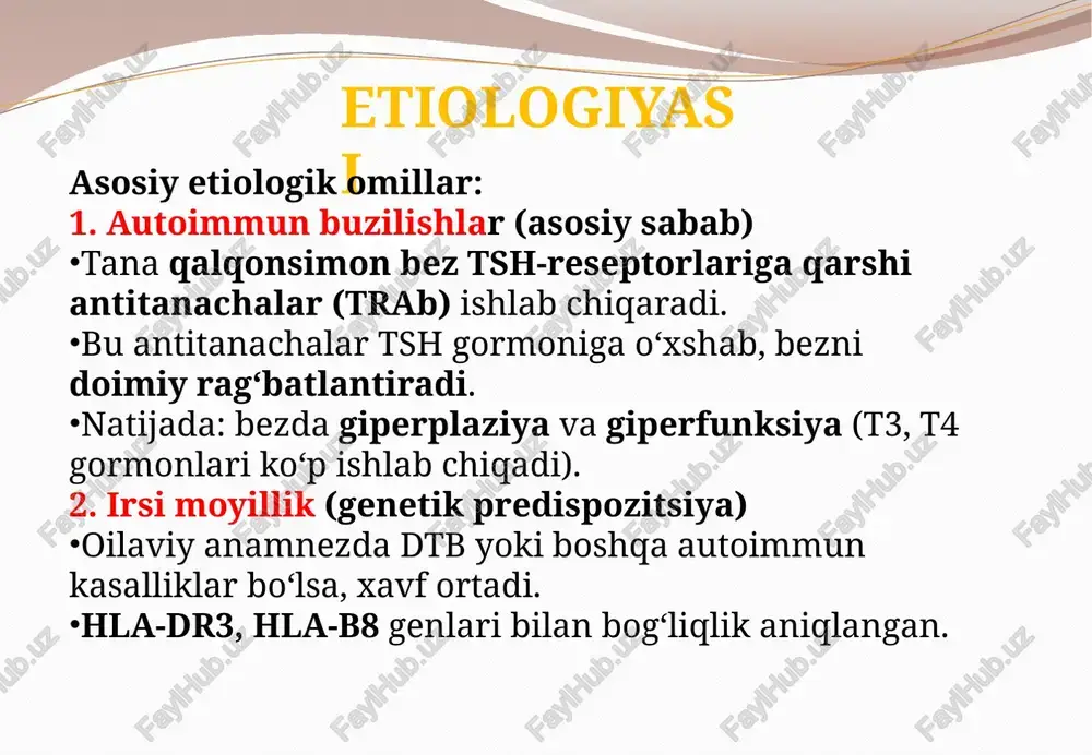 lar (trab) → qalqonsimon bezni doimiy rag‘batlantirish → gormonlar ishlab chiqilishi ortadi (t3, t4 ↑) → tsh pasayadi (negativ feedback) → tirotoksikoz simptomlari + ko‘z va teri sohasida o‘zgarishlar rivojlanish mexanizmi bosqichma-bosqich: 1. genetik moyillik va tashqi omillar ta’siri irsi omil: hla-dr3, hla-b8 genlar bilan bog‘liq irsiy moyillik tashqi omillar: yod yetishmovchiligi yoki ortiqcha yod virusli infeksiyalar stress chekish radiatsiya bu omillar immun tizimni izdan chiqaradi va autoimmun javobni faollashtiradi 2. autoantitanachalar (trab) ishlab chiqarilishi immun tizim qalqonsimon bezdagi tsh-reseptorlarni “begona” sifatida qabul qiladi. bunga javoban, tsh-reseptorlariga qarshi antitanachalar (trab) ishlab chiqariladi. ➡️ bu antitanachalar tsh o‘rniga retseptorlarga bog‘lanib, bezni doimiy stimulyatsiya qiladi. 3. qalqonsimon bezning giperfunksiyasi va giperplaziyasi tsh-reseptorlarning stimulyatsiyasi bezni ko‘proq gormon ishlab chiqarishga majbur qiladi: t3 (triyodtironin) ↑ t4 (tiroksin) ↑ bez hajman ham diffuz (tarqoq) kattalashadi. natijada organizmda tirotoksikoz holati rivojlanadi. 4. tirotoksikoz rivojlanishi qon zardobida t3 va t4 ortadi → organizmda metabolik tezlashish yuz beradi: …