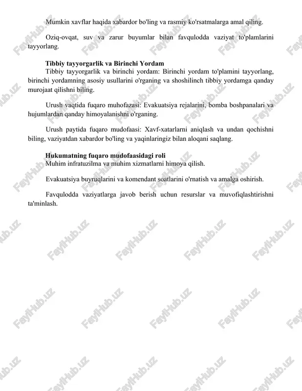 idagi roli muhim infratuzilma va muhim xizmatlarni himoya qilish. evakuatsiya buyruqlarini va komendant soatlarini o'rnatish va amalga oshirish. favqulodda vaziyatlarga javob berish uchun resurslar va muvofiqlashtirishni ta'minlash. xulosa urush vaqtida samarali fuqaro muhofazasi tinch aholi halokati va zararni kamaytirish uchun juda muhim. bu keng qamrovli rejalashtirishni, jamoatchilikni o'qitishni, mustahkam infratuzilmani va hayotlarni himoya qilish va jamiyat barqarorligini ta'minlash uchun yaxshi muvofiqlashtirilgan javobni talab qiladi. foydalanilgan adabiyotlar ## kitoblar haqida qisqa ma'lumot (uzbekcha) 1. **"ikkinchi jahon urushida fuqaro mudofaasi"** stephen e. ambrose (1976): bu kitob ikkinchi jahon urushida qo'shma shtatlardagi fuqaro mudofaasi harakatlari haqida batafsil ma'lumot beradi