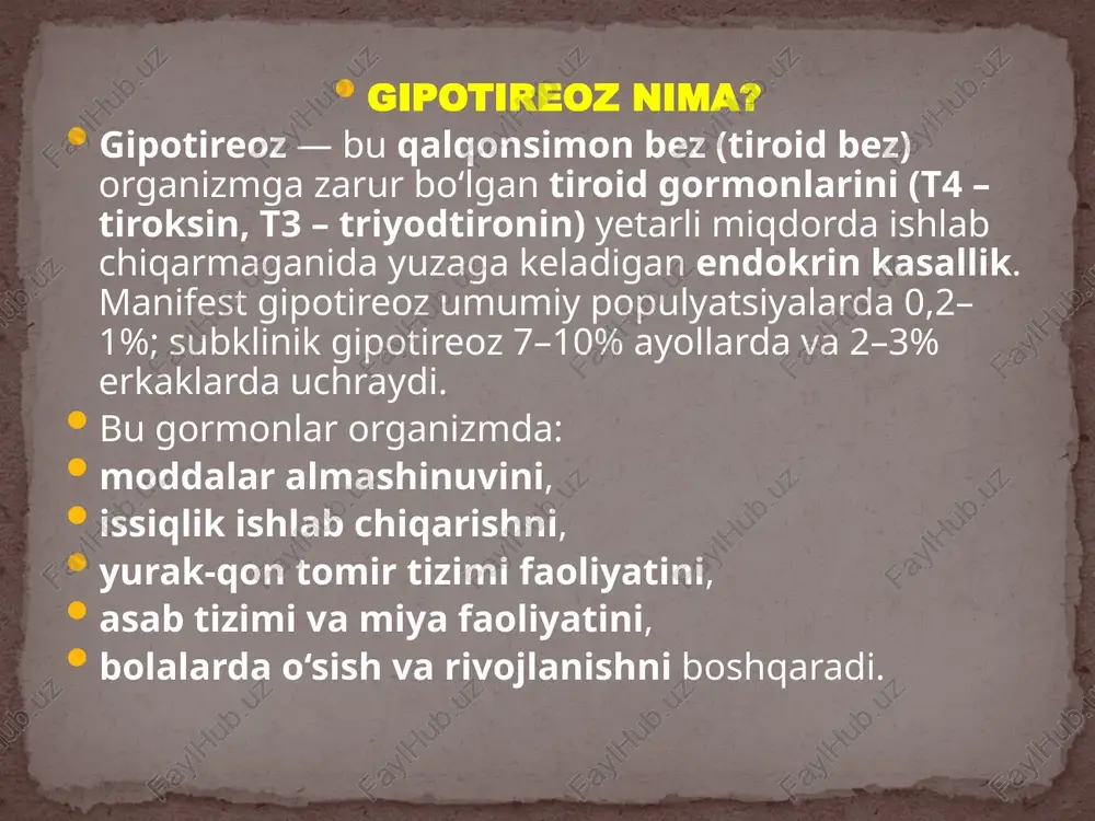 chiqara olmaydi. ttg yetarli ishlab chiqarilmaydi. natija: t3, t4 ↓; ttg ↓; trg ↓. sabablari: trh (tireotropin relizing gormon) sekresiyasi buzilganda: gipotalamus o‘smalari. yallig‘lanish kasalliklari. jarohatlar va operatsiyalar. periferik rezistentlik (hujayralar tireoid gormonlarga sezgir emas) qonda t3 va t4 normal yoki yuqori bo‘lishi mumkin. lekin hujayralarda biologik ta’sir yuzaga chiqmaydi. klinik jihatdan gipotireoz belgilari rivojlanadi. sabablari: qalqonsimon bez gormonlari ishlab chiqariladi, lekin ularning to‘qimalardagi ta’siri buziladi: gormon retseptorlaridagi nuqsonlar. gormon transporti buzilishi. t4 → t3 ga aylanishining buzilishi (dejodinaza fermentlari yetishmovchiligi). patogenezi gipotireoz – qalqonsimon bez gormonlari **(t4 – tiroksin, t3 – triyodtironin)**ning yetarli ishlab chiqarilmasligi yoki ularning ta’siri pasayishi natijasida yuzaga keladigan umumiy gipometabolik sindromdir. 1. asosiy patogenetik zanjir qalqonsimon bez gormonlari yetishmovchiligi → yadro ichidagi retseptorlar orqali oqsillar sintezi pasayadi → fermentlar, transport oqsillari, membrana nasoslari (na⁺/k⁺-atfaza) faoliyati kamayadi → umumiy metabolizm sekinlashadi (energiya almashinuvi pasayadi). 2. energiya almashinuvi buzilishi atf hosil bo‘lishi kamayadi. to‘qimalarning kislorodga bo‘lgan talabi …