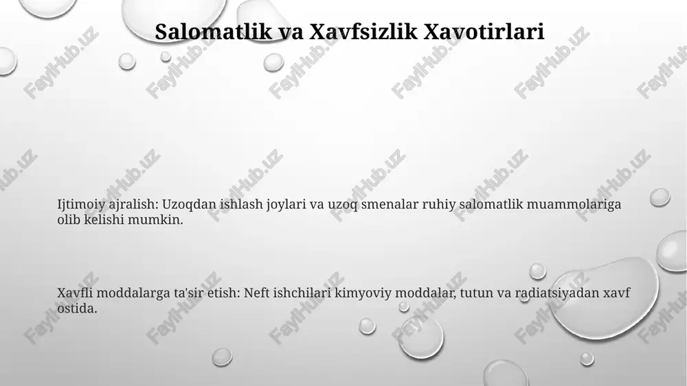 ab chiqarish, qayta ishlash va tarqatishni o'z ichiga oladi. ishchilar huquqlarini himoya qilish, atrof-muhitga etkazilgan zararni kamaytirish va neft qazib olish hududlarida jamoa rivojini qo'llab-quvvatlash. neft sanoatida ijtimoiy ish neft qazib olish va ishlab chiqarishning ijtimoiy va ekologik ta'sirini bartaraf etishga, jamiyat farovonligini va barqarorligini rivojlantirishga qaratilgan. nopoklik va chetlatishni bartaraf etish neft sanoati jamoalarida ishga va resurslarga teng huquqli kirish imkonini yaratish. neft qazib olishning salbiy ijtimoiy va iqtisodiy ta'sirini kamaytiruvchi siyosat va amaliyotni himoya qilish. chet ellik guruhlarga nisbatan koʻproq taʼsir etuvchi ekologik va sogʻliqni saqlashdagi tengsizliklarni bartaraf etish. mojaro hal qilish va vositachilik neft sanoatida shaxsiy va tashkiliy nizolarni hal qilishda mojaro hal qilish va vositachilik muhim ahamiyatga ega. neft sanoatida mas'uliyatli va axloqiy amallarni ta'minlashda advokatlik va jamoatchilik ishtiroki kabi ijtimoiy ish printsiplari yordam berishi mumkin. neft sanoatida ijtimoiy ishchilar xodim va sanoat amaliyotidan ta'sirlangan jamoatchilik farovonligini oshirish va ularni qo'llab-quvvatlashga hissa qo'shishi mumkin. e'tiboringiz uchun …
