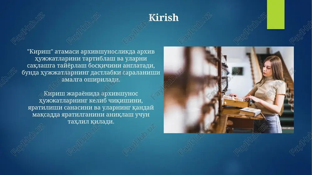 tik davrda arxivlar qattiq markazlashgan nazorat ostida edi, bu esa mustaqil tadqiqotlarni cheklab, arxiv ma'lumotlariga erishishda qiyinchiliklar tug'dirgan edi. ko'plab ma'lumotlar maxfiy bo'lgan. moliyalashtirishning yetishmasligi arxivlarni saqlash, raqamlashtirish va zamonaviy texnologiyalarni joriy etishda muammolarga duchor qilgan. 2000-yillarga kelib, holat yanada og'irlashdi. hamkorlik va xalqaro aloqalar hamkorlik va xalqaro aloqalar 2000-yillarning boshida arxiv hujjatlarini raqamlashtirish bo'yicha yevropa ittifoqi loyihalarida faol ishtirok etishga olib keldi. mintaqadagi arxivlar tarixiy manbalarni almashish va tadqiqotlarni qo'llab-quvvatlash uchun ko'plab ikki tomonlama bitimlar tuzdilar, jumladan, 1995-yilda imzolangan shartnoma. kelajak istiqbollari “kelajak istiqbollari” loyihasi 2017-yilda oʻzbekiston yoshlar ittifoqi tomonidan tashkil etilgan boʻlib, yoshlarning startap loyihalarini qoʻllab-quvvatlash uchun 100 million soʻmgacha grant ajratadi. loyiha doirasida yoshlar uchun biznes-treninglar, mentorlik dasturlari va investitsiya forumlari tashkil etilib, 5000 dan ortiq ishtirokchi oʻz loyihalarini rivojlantirish imkoniyatiga ega boʻlgan. xulosa xulosa arxiv ishi bo'yicha asosiy topilmalarni, tahlillarni va natijalarni jamlaydi hamda kelajakdagi tadqiqotlar uchun ochiq savollarni ko'rsatadi, muhim hisobotdir. xulosa yugoslaviya, bolgariya va …