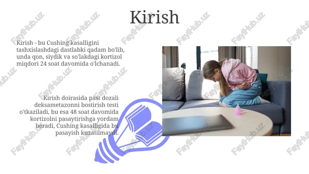 yuqori dozali nurlanishni qo'llaydi, ammo to'liq ta'sir qilish uchun bir necha oylar yoki yillar kerak bo'lishi mumkin. jarrohlik transsfenoidal jarrohlik, cushing kasalligi uchun 80-90% muvaffaqiyatga erishadi, bu erda mikroadenoma gipofizdan olib tashlanadi, gormon darajasini yaxshilaydi. bilateral adrenalektomiya, cushing kasalligining og'ir holatlarida qo'llaniladi; ikkala buyrak usti bezlari olib tashlanadi, kortizol ishlab chiqarishni butunlay to'xtatadi, ammo nelson sindromi xavfi bor. dori-darmonlar 01 02 dori-darmonlar cushing kasalligida kortizol darajasini pasaytirishga qaratilgan. misol uchun, ketokonazol cyp11a1 fermentini inhibe qilib, steroidogenezni bloklaydi, bu esa kortizol sintezini kamaytiradi. sales 1st qtr 2nd qtr 100 0 sales 1st qtr 2nd qtr 100 0 radiatsiya terapiyasi radiatsiya terapiyasi cushing kasalligida kamdan-kam qoʻllaniladi, asosan, jarrohlik yoʻli bilan olib tashlash imkoni boʻlmagan yoki jarrohlik muvaffaqiyatsizlikka uchragan hollarda. bu odatda 45-50 gy dozada fraksiyalangan tarzda beriladi. radiatsiya terapiyasining ta'siri sekin namoyon boʻladi, odatda gipofiz gormonlari darajasining pasayishi uchun bir necha oydan bir necha yilgacha vaqt ketadi. shuning uchun qoʻshimcha farmakologik davolash …