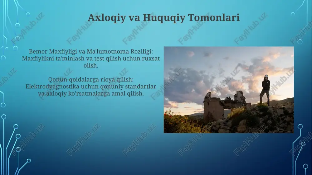 i. elektrofiziologik signallar tananing elektr faoliyati tomonidan hosil bo'ladi. signalni qayta ishlash va tahlil qilish elektrodiagnostika inson tanasidan keladigan signallarni tahlil qilish orqali sog'liqni saqlash holatlarini tashxislash va kuzatishga asoslangan. bu signallar, ko'pincha zaif va buzilgan bo'lib, aniq talqin qilish uchun murakkab signalni qayta ishlash texnologiyalarini talab qiladi. e'tiboringiz uchun rahmat @taqdimot_robot image3.jpg image4.jpg image5.jpg image6.jpg image7.jpg image8.jpg image9.jpg image10.jpg image11.jpg image12.jpg image13.jpg image14.jpg image15.jpg image16.jpg image17.jpg image2.png