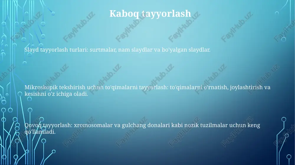 arqatish. * **to'qima kesmasi:** mikroskopik tahlil qilish uchun parafin yoki muzlatilgan to'qimadan yupqa bo'laklar. immunohistokimyo slaydlari parafinli slaydlar: chıdamlı, tafsilotli tahlil qilish imkonini beradi. sitotsit slaydlari: hujayra suspenziyalari uchun ideal, morfologiyani saqlaydi. muzlatilgan kesma slaydlari: tez, antigen yaxlitligini saqlaydi. immunotsitokimyo slaydlari to'g'ridan-to'g'ri immunotsitokimyo: antitelga to'g'ridan-to'g'ri lyuminestsent belgi qo'yilgan. bilvosita immunotsitokimyo: belgilangan ikkinchi darajali antitan tomonidan aniqlangan belgisiz birinchi darajali antitan. sandvich immunotsitokimyo: antigenni ushlash uchun bir, aniqlash uchun ikkinchi antitanadan foydalanadi. to'qima kesimlari parafin o'rash: eng keng tarqalgan usul, to'qima ingichka kesish uchun mumga o'raladi. krioseksiya: muzlatilgan kesmalarga o'xshash, lekin aniq kesish uchun kriostatdan foydalanadi. muzlatilgan bo'laklar: tez tashxis qo'yish uchun tezkor usul, to'qima muzlatilgan va tilimga bo'lingan. parafin kesmalari parafin kesimini tayyorlash to'qima fiksatsiyasi, suvsizlantirish, kiritish, kesim, o'rnatish va bo'yashni o'z ichiga oladi. parafin kesmalari mikroskop ostida tekshirish uchun ishlatiladigan, mumga joylashtirilgan yupqa to'qima qatlamlari. parafin kesmalar uchun tayyorlash turlari orasida umumiy morfologiya uchun h&e bo'yash (gematoksilin va eozin), …