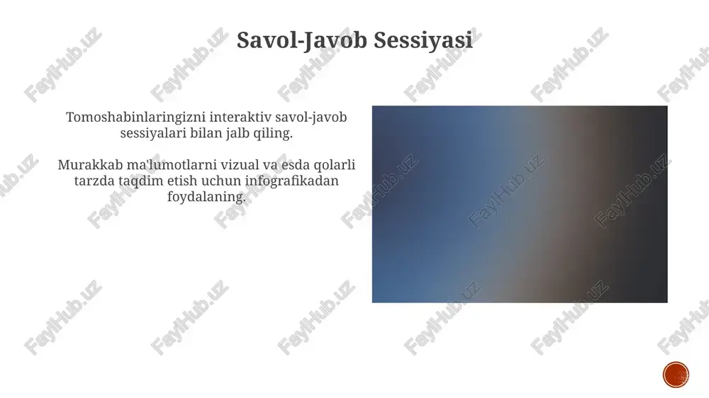 tinglovchilar uchun tushunarli qiling. taqdimotlarning vizual jozibadorligini oshirish, ularni esda qolarli va ta'sirli qilish. ma'lumotlarni vizualizatsiya qilish usullari belgilar va vizual elementlar (ramziy ifodalash, rasmlar, rang palitrasi) ma'lumotlar hikoyasi (ma'lumotlar tendentsiyalari, tushunchalar va xulosalarni hikoya qilish) e'tiboringiz uchun rahmat @taqdimot_robot image4.jpg image5.jpg image6.jpg image7.jpg image8.jpg image9.jpg image10.jpg image11.jpg image12.jpg image13.jpg image14.jpg image15.jpg image16.jpg image17.jpg image18.jpg image19.jpg image20.jpg image1.png image2.png image3.png