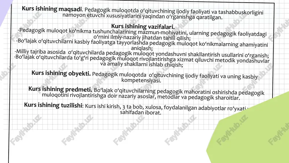 pedagogik faoliyatida ma’naviy meros hamda madaniy qadriyatlar asosida namoyon bo‘luvchi muloqot odobi 3.1. muloqotda ijodkorlik xususiyatlarini namoyon qiluvchi pedagogning nutq qo‘llashi uslublari…………………………………………………..….. 3.2. pedagogik muloqot jarayonini shakllantirshda ajdodlar tajribasi roli....... xulosa............................................................................................................. foydalanilgan adabiyotlar ro‘yxati………………………………..…..…. reja: kirish............................................................................................................. i bob.pedagogik muloqotning nazariy asoslari. pedagogik muloqotning shakllanishi , mazmuni va mohiyati 1.1. o‘qituvchi kasbiy faoliyatida pedagogik muloqotning o‘rni va ahamiyati........................................................................................................... 1.2. kasbiy ijodkorlikda nutq qobiliyati va muloqotchanlikni oshirishning o‘ziga xos xususiyati…………………………………….…………………... ii bob. pedagogik faoliyatda kasbiy kommunikativ qobiliyatni takomillashtirish va o‘qituvchi tashabbuskorligini oshirish masalalari 2.1. pedagogik muloqotda kompetensiyaviy yondashuvni tashkil etish funksiyalari………………………………………………………………..… 2.2. o‘qituvchi pedagogik muloqotini oshirishda qo‘llaniladigan samarali metodlar…………………………………………………………….……..… iii bob. o‘qituvchining pedagogik faoliyatida ma’naviy meros hamda madaniy qadriyatlar asosida namoyon bo‘luvchi muloqot odobi 3.1. muloqotda ijodkorlik xususiyatlarini namoyon qiluvchi pedagogning nutq qo‘llashi uslublari…………………………………………………..….. 3.2. pedagogik muloqot jarayonini shakllantirshda ajdodlar tajribasi roli....... xulosa............................................................................................................. foydalanilgan adabiyotlar ro‘yxati………………………………..…..…. mavzuning dolzarbligi. bugungi globallashuv va axborot texnologiyalari jadal rivojlanayotgan davrda ta’lim tizimiga qo‘yilayotgan talablar ham tobor
