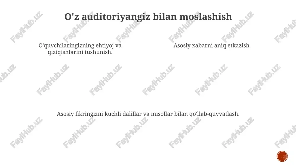 ashtiruvchi va uzoq vaqt xotirada qoladigan markaziy fikrni shakllantiring. qiziqarli vizuallar tomoshabinlarni tushunish va jalb qilishni oshiradi. bir jumlaning kuchi taqdimotning asosiy g'oyasi - tomoshabinlar eslab qolishlarini istagan asosiy fikr. taqdimotning asosiy xabarini bitta gap bilan ifodalash mumkin. markaz nuqta shakllantirish xabaringizni aniqlashtiradi va taqdimotingiz uchun aniq yo'nalish beradi. aniqlikning ahamiyati. asosiy g'oya siz etmoqchi bo'lgan asosiy xabardir. markaziy fikrni shakllantirish aniq va jozibali bahs yaratadi. aniqlik tushunish va jalb qilishni ta'minlaydi. e'tiboringiz uchun rahmat @taqdimot_robot image1.png image2.png image3.png image4.png image5.png image6.png