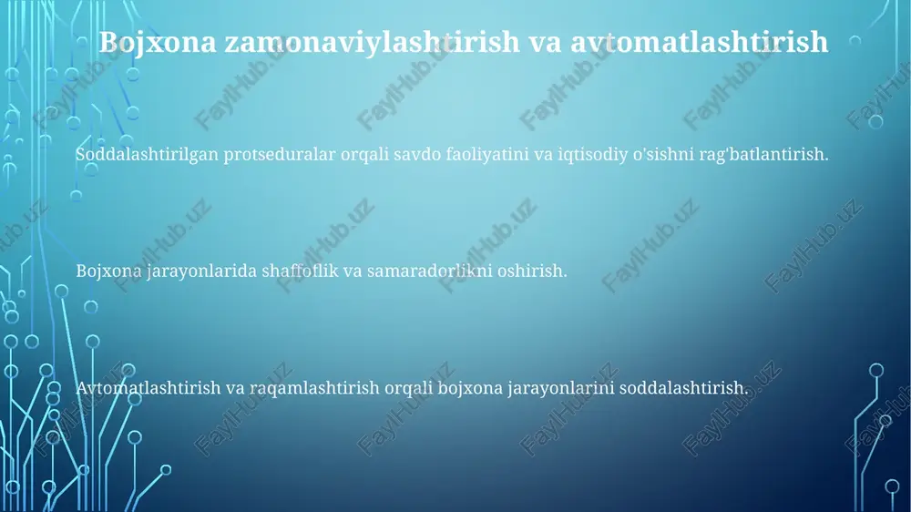 larni import qilishni taqiqlash, shuningdek, strategik resurslarni eksport qilishni cheklash kiradi. bojxona baholash va tasniflash bojxona tasniflash: tovarlarni tasniflash uchun harmonizatsiyalangan tizim (hs) kodi ishlatiladi. bojxona baholash: oʻzbekiston bojxona baholashda tranzaksiya qiymatini qoʻllaydi. bojxona siyosati: o'zbekiston yevroosiyo iqtisodiy ittifoqi bilan erkin savdo shartnomasi imzolagan va jahon savdo tashkilotiga qo'shilishga intilmoqda. oʻzbekiston bojxona siyosatining tarixi va evolyutsiyasi hozirda o'zbekiston bojxona protseduralarini soddalashtirish, hujjat aylanishini kamaytirish va raqamlashtirish hamda savdo osonlashtirish tashabbuslari orqali savdoni rivojlantirishga intilayapti. o'zbekistonning bojxona siyosati sovet davri qoidalaridan jahon savdo tashkilotiga a'zolik ta'siri ostida bozorga yo'naltirilgan yondashuvga o'zgardi. asosiy jihatlar bojxona to'lovlari, import/eksport qoidalari, bojxona baholash va bojxona nazorat choralari bo'lib, ular daromad olish, savdoni himoya qilish va iqtisodiy rivojlanishni muvozanatlashtirishga qaratilgan. savdo yengillashtirish choralar ba'zi tovarlarga iqtisodiy o'sishni rag'batlantirish maqsadida bojxona imtiyozlari berish. soddalashtirilgan bojxona tartiblari, shu jumladan onlayn deklaratsiya va to'lov. savdo-sotiqni osonlashtirish uchun soddalashtirilgan import va eksport jarayonlari. bojxona tartiblari va jarayonlari ma'lumot: asosiy bojxona …