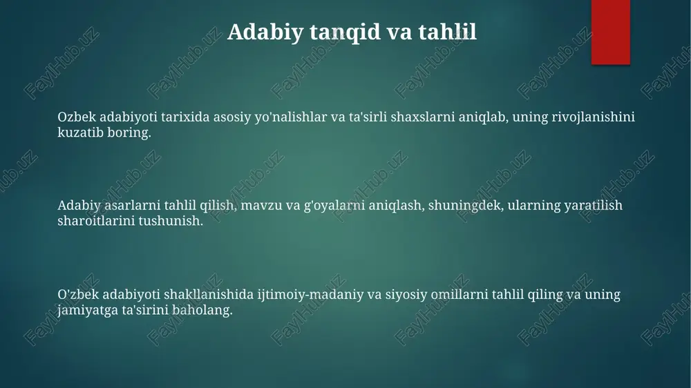 l qilish, talqin qilish va tarqatish; madaniy evolyutsiyani tushunish; va milliy o'zlikni targ'ib qilish. sevim, taqdir, ijtimoiy adolatsizlik, shaxsiyat, ma'naviyat va zulmga qarshi kurash. og'zaki an'analar va xalq adabiyoti o'zbek adabiyoti tarixi yozma asarlarning evolyutsiyasini kuzatish, ularning mavzusi, uslubi va jamiyatga ta'sirini tahlil qilishga qaratilgan. o'zbek adabiyoti poydevori og'zaki an'analar va xalq og'zaki ijodi bo'lib, boy tarix, madaniyat va qadriyatlarni namoyish etadi. tarixiy kontekstni tushunish, adabiy asarlarni tahlil qilish va asosiy shaxslarni hamda ularning hissalarini aniqlash muhim vazifalardir. o'zbek adabiyoti kelajagi ushbu tadqiqot, shuningdek, o'zbek adabiyotining tarixiy va madaniy kontekstidagi evolyutsiyasini tushunishga harakat qiladi. o'zbek adabiyoti kelajagi zamonaviy mavzularda tadqiqotlar olib borish, raqamli media qabul qilish va xalqaro auditoriyaga chiqishni o'z ichiga oladi. o'zbek adabiyoti tarixi o'zbekistonning boy adabiy merosini hujjatlashtirish, tahlil qilish va saqlashga qaratilgan. til va lahjaning roli. til va lahja madaniy va tarixiy o'zgarishlarni aks ettiradi, bu esa o'zbek adabiyotining rivojlanishiga ta'sir qiladi. o'zbek adabiy merosiga saqlash, …