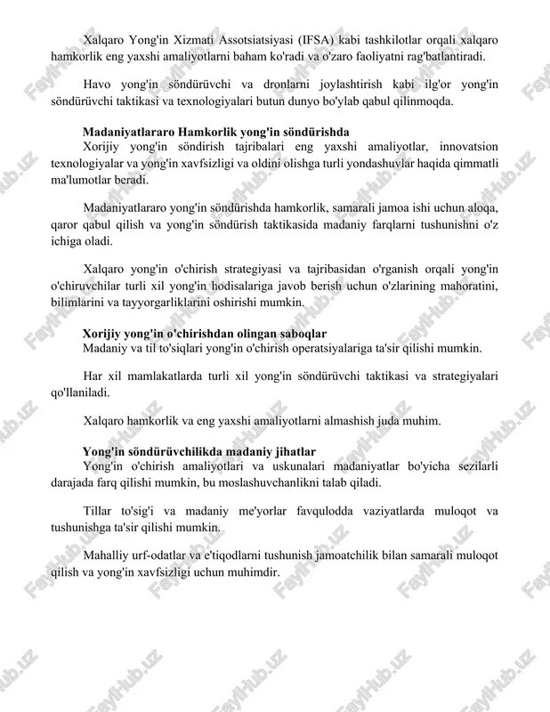 ish tajribalari eng yaxshi amaliyotlar, innovatsion texnologiyalar va yong'in xavfsizligi va oldini olishga turli yondashuvlar haqida qimmatli ma'lumotlar beradi. madaniyatlararo yong'in söndürishda hamkorlik, samarali jamoa ishi uchun aloqa, qaror qabul qilish va yong'in söndürish taktikasida madaniy farqlarni tushunishni o'z ichiga oladi. xalqaro yong'in o'chirish strategiyasi va tajribasidan o'rganish orqali yong'in o'chiruvchilar turli xil yong'in hodisalariga javob berish uchun o'zlarining mahoratini, bilimlarini va tayyorgarliklarini oshirishi mumkin. xorijiy yong'in o'chirishdan olingan saboqlar madaniy va til to'siqlari yong'in o'chirish operatsiyalariga ta'sir qilishi mumkin. har xil mamlakatlarda turli xil yong'in söndürüvchi taktikasi va strategiyalari qo'llaniladi. xalqaro hamkorlik va eng yaxshi amaliyotlarni almashish juda muhim. yong'in söndürüvchilikda madaniy jihatlar yong'in o'chirish amaliyotlari va uskunalari madaniyatlar bo'yicha sezilarli darajada farq qilishi mumkin, bu moslashuvchanlikni talab qiladi. tillar to'sig'i va madaniy me'yorlar favqulodda vaziyatlarda muloqot va tushunishga ta'sir qilishi mumkin. mahalliy urf-odatlar va e'tiqodlarni tushunish jamoatchilik bilan samarali muloqot qilish va yong'in xavfsizligi uchun muhimdir. xulosa xalqaro …