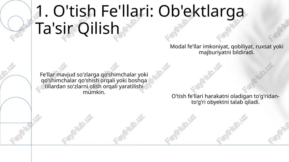 orqali hosil qilinadi (masalan, "zamonaviylashtirish" "zamonaviy" so'zidan hosil bo'ladi). 12. bog'lovchi fe'llar: mavzuni tavsifga bog'lash fe'llar otlarga, sifatlarga yoki boshqa fe'llarga qo'shimchalar qo'shish orqali hosil qilinadi. fe'llar o'tgan zamon va o'tgan zamon sifatdosh shakllariga qarab muntazam yoki noaniq deb tasniflanadi. "might" noaniqlikni bildirsa, "will" ishonchni bildiradi. 13. imkoniyat nuanslari: "ehtimol" va "bo'ladi" ot nomlar va sifatlardan hosil bo'lgan fe'llar, ularning vazifasini harakat yoki holatni ifodalashga o'zgartirish. modal fe'llar imkoniyat, majburiyat, ruxsat va boshqalarni ifodalab, asosiy fe'llar ma'nosini o'zgartiradi. fe'llar tuzilishiga ko'ra: oddiy, qo'shma, iboraviy, va hokazo, ularning tarkibiy qismlari va hosil bo'lishini ochib beradi. 14. so'zlarga asoslangan fe'llar: o'zgarish safari modal fe'llar ishonch darajasini ifodalaydi (masalan, balki, mumkin, albatta). fe'llar mavjud so'zlarga qo'shimchalar qo'shish orqali yaratilgan (masalan, -ing, -ed, -en). fe'llar tuzilishiga ko'ra (masalan, o'tishli, o'tishsiz, iboraviy) tasniflanadi. 15. modal fe'llar: ishonch darajalarini ifodalash e'tiboringiz uchun rahmat @taqdimot_robot image1.png image2.png image3.png image4.png image5.png image6.png image7.png image8.png image9.png image10.png image11.png image12.png …