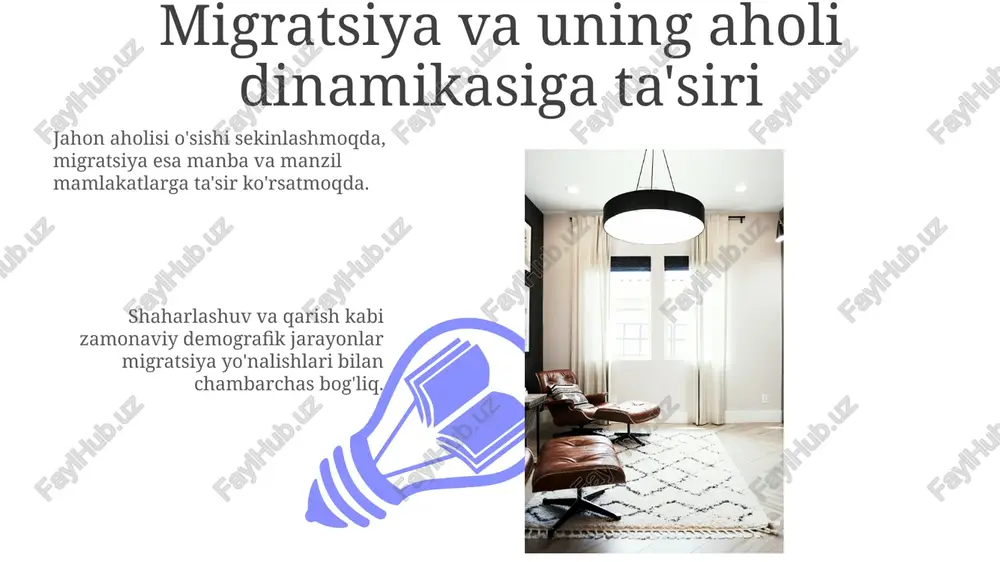 i o'z ichiga oladi, bu jamiyatlar va resurslarni taqsimlashga ta'sir qiladi. barqaror rivojlanish va aholini ko'payish dinamikasi zamonaviy demografik jarayonlar shaharlashuv, ta'lim darajasi, sog'liqni saqlash sohasidagi yutuqlar va oila tuzilmasidagi o'zgarishlar kabi omillarni o'z ichiga oladi, bu esa aholining o'sishi va rivojlanishiga ta'sir qiladi. barqaror rivojlanish iqtisodiy o'sish, ijtimoiy tenglik va atrof-muhitni muhofaza qilishni muvozanatlashtirishga, shu bilan birga aholining o'sishi va resurslardan foydalanishni hisobga olishga bog'liq. tug'ilish ko'rsatkichlari va ularga ta'sir etuvchi omillar zamonaviy demografik jarayonlarga shaharlashuv, aholi qarishi va migratsiya oqimlari kiradi. dunyo aholisi o'sib bormoqda, lekin tug'ilish darajasi pasayishi sababli o'sish sur'ati sekinlashmoqda. texnologiyaning aholining dinamikasidagi rolini zamonaviy demografik jarayonlar shaharlashuv, qarish aholisi va oila tuzilmalarining o'zgarishini o'z ichiga oladi, bu esa resurslar taqsimotiga, ijtimoiy tuzilmalarga va iqtisodiy rivojlanishga ta'sir qiladi. texnologiya sog'liqni saqlash, qishloq xo'jaligi va aloqa sohalarida yutuqlarga erishish orqali aholining dinamikasiga ta'sir ko'rsatadi, bu esa tug'ilish darajasi, o'lim darajasi va migratsiya oqimlarida o'zgarishlarga olib keladi. …