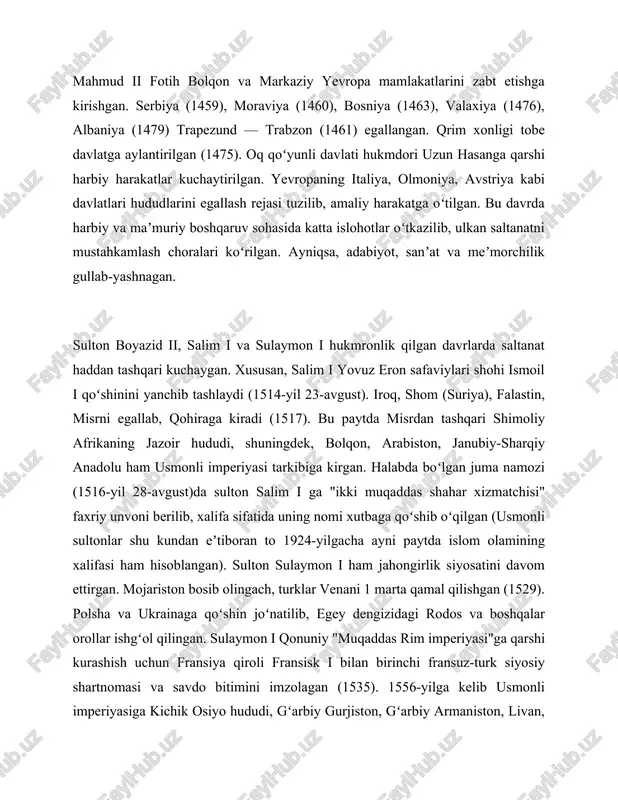 salim i yovuz eron safaviylari shohi ismoil i qoʻshinini yanchib tashlaydi (1514-yil 23-avgust). iroq, shom (suriya), falastin, misrni egallab, qohiraga kiradi (1517). bu paytda misrdan tashqari shimoliy afrikaning jazoir hududi, shuningdek, bolqon, arabiston, janubiy-sharqiy anadolu ham usmonli imperiyasi tarkibiga kirgan. halabda boʻlgan juma namozi (1516-yil 28-avgust)da sulton salim i ga "ikki muqaddas shahar xizmatchisi" faxriy unvoni berilib, xalifa sifatida uning nomi xutbaga qoʻshib oʻqilgan (usmonli sultonlar shu kundan eʼtiboran to 1924-yilgacha ayni paytda islom olamining xalifasi ham hisoblangan). sulton sulaymon i ham jahongirlik siyosatini davom ettirgan. mojariston bosib olingach, turklar venani 1 marta qamal qilishgan (1529). polsha va ukrainaga qoʻshin joʻnatilib, egey dengizidagi rodos va boshqalar orollar ishgʻol qilingan. sulaymon i qonuniy "muqaddas rim imperiyasi"ga qarshi kurashish uchun fransiya qiroli fransisk i bilan birinchi fransuz-turk siyosiy shartnomasi va savdo bitimini imzolagan (1535). 1556-yilga kelib usmonli imperiyasiga kichik osiyo hududi, gʻarbiy gurjiston, gʻarbiy armaniston, livan, suriya, iroq (bagʻdod bilan birga), falastin, …