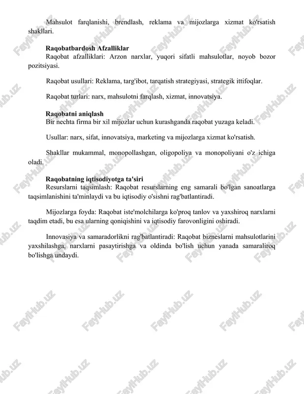 shilashga, narxlarni pasaytirishga va oldinda bo'lish uchun yanada samaraliroq bo'lishga undaydi. xulosa xulosa qilib aytganda, iqtisodiy raqobatning turli xil shakllari va usullari mavjud bo'lib, ularning har biri o'ziga xos afzalliklari va kamchiliklariga ega. ushbu raqobatli dinamikani tushunish doimiy ravishda o'zgarib turadigan bozorda biznesni rivojlantirish uchun juda muhim. foydalanilgan adabiyotlar here are the translations in uzbek latin script: 1. **"competition" by j.s. mill (1848)** - bu taniqli iqtisodchining klassik asari erkin bozorda raqobatning asoslarini tushunishni ta'minlaydi. 2