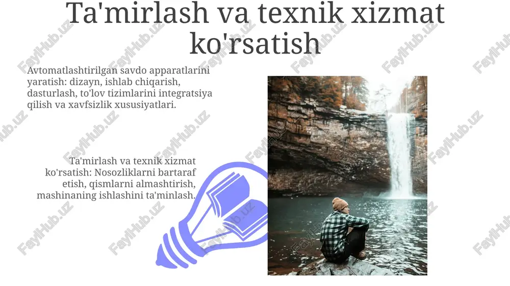 aniqlaydi, haroratni kuzatadi va dozalanish mexanizmlarini boshqaradi. marketing va reklamalar maqsadli auditoriya: ideal mijozlaringizni va ularning ehtiyojlarini aniqlang. mahsulot joylashuvi: yuqori piyoda harakati bo'lgan strategik joylar. e'tiboringiz uchun rahmat @taqdimot_robot image4.jpg image5.jpg image6.jpg image7.jpg image8.jpg image9.jpg image10.jpg image11.jpg image12.jpg image13.jpg image14.jpg image15.jpg image16.jpg image17.jpg image18.jpg image19.jpg image20.jpg image1.jpeg image2.jpeg image3.jpeg