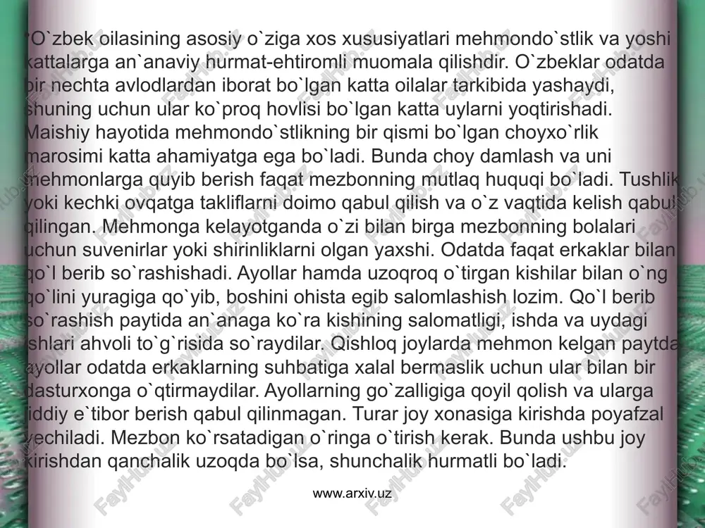 nada kampirlarning ishtirokida bolani yo`rgaklash va beshikka solish marosimi o`tkaziladi. marosim oxirida mehmonlar bolani ko`rish uchun oldiga kiradilar, unga sovg`alarni beradi va beshikning ustiga parvarda yoki qand sepadilar. www.arxiv.uz xatna qilish to`yi – islom tomonidan muqaddas deb e`zozlangan yana bir qadimiy o`zbek odatidir (sunnat to`yi). bu marosim o`g`il bolalar uchun 3, 5, 7, 9 yoshga kirganda, kamdan-kam hollarda 11-12 yoshda o`tkaziladi. sunnat to`yining o`tkazilishi jamoatchilik tomonidan nazorat qilinadi. o`g`il bolaning tug`ilgan paytidan boshlab uning ota-onasi asta-sekinlik bilan kerakli narsalarning hammasini sotib olib, sunnat to`yiga tayyorgarlikni boshlaydilar. ko`pincha oddiygina «to`y» ham ataladigan marosimning o`tkazilishidan bir necha oy avval unga bevosita tayyorgarlik boshlanadi. qarindoshlar va qo`shnilar ko`rpalarni tikishda, to`y sovg`alarini tayyorlashda yordam beradilar. bularning hammasi ko`p bolali onalarga topshiriladi. to`ydan avval mahallada yashovchi oqsoqollar, masjidning imomi va qarindoshlarning huzurida qur`on o`qiladi. www.arxiv.uz www.arxiv.uz dasturxon yoziladi. shundan keyin qur`ondan suralar o`qiladi va oqsoqollar o`g`il bolaga duo o`qiydilar. shundan so`ng katta «to`y» boshlanadi. «to`y» …