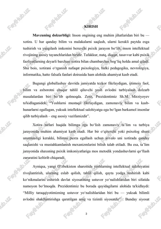 iga xosliklarini tushunish – diagnostika, korreksiya va rivojlantirishda samarali yondashuvni tanlashda muhimdir. xotira turlari va ularning xususiyatlarini o‘rganish orqali zamonaviy o‘quvchi va talabalarda bilimni puxta o‘zlashtirishni ta'minlash, shuningdek, xotirani rivojlantirishga xizmat qiluvchi metodik yondashuvlarni ishlab chiqish imkoni mavjud. bunday izlanishlar, prezidentimiz ta’kidlaganidek, inson kapitalini kuchaytirishga, ya'ni “yangi o‘zbekistonni yangi fikr egalari bilan barpo etish” yo‘lida muhim qadamlardandir. mavzuning o’rganilganlik darajasi: inson xotirasi har doim psixologik tadqiqotlarning markazida bo‘lib kelgan. xotira — psixik jarayonlarning ajralmas va muhim komponenti sifatida, nafaqat shaxsning o‘zligini saqlashi, balki bilimlarni egallashi, tajribani to‘plashi va uni amaliyotda qo‘llashi uchun asosiy omillardan biridir. shu bois xotiraning mazmuni, turlari, funksional xususiyatlari va rivojlanish qonuniyatlarini o‘rganishga qaratilgan ilmiy izlanishlar psixologiya fanida alohida o‘rin egallaydi. xotira turlarining tasnifi va har bir turga xos xususiyatlarni aniqlash borasida g.g. nebylitsin, a.n. leontyev, p.i. zinchenko, b.m. teplov, l.s. vygotskiy kabi rus olimlarining ishlari muhim ahamiyatga ega. ularning tadqiqotlarida xotiraning ong bilan bog‘liqligi, uni rivojlantirish …