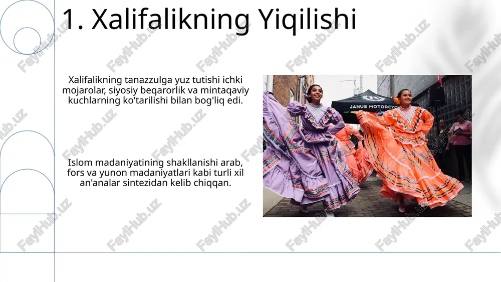 alarni keltirib chiqardi. 13.islomning ko'tarilishi islom madaniyati fath, savdo va intellektual almashinuvlar orqali rivojlanib, turli xil an'analar va e'tiqodlarni birlashtirdi. islom madaniyatining asosiy elementlari: qur'on, masjid arxitekturasi, islom qonunlari va arab adabiyoti. 14.zamonaviy davr va islom madaniyati islom madaniyatining shakllanishi milodiy vii asrda islomning paydo bo'lishi bilan boshlangan va payg'ambar muhammadning ta'limlari, qur'on va islom qonunlari tomonidan shakllantirilgan. islom madaniyati turli xil madaniyatlar va sivilizatsiyalar o'rtasidagi o'zaro ta'sir natijasida rivojlanib, islom fanlari, san'ati va me'morchiligining gullab-yashnashini ta'minladi. 15.islom madaniyatining kelajagi islom madaniyatining shakllanishi: 7-asrda islom madaniyatining kelib chiqishini quran, hadith va dastlabki islom olimlari roli orqali kuzatish. islom madaniyatining kelajagi: jahonlashuv va texnologiya taraqqiyotining ta'siri bilan islom san'ati, adabiyoti, fani va fikrlashdagi tendentsiyalarni o'rganish. 16.islom sanʼati va meʼmorchiligi islom san'ati va me'morchiligi islom madaniyati va diniy e'tiqodlar bilan chuqur bog'langan. islom sanʼati va meʼmorchiligi asrlar davomida rivojlanib, turli hududlarda turli xil uslub va anʼanalarni oʼz ichiga oldi. 17.sufizm va mistitsizm …