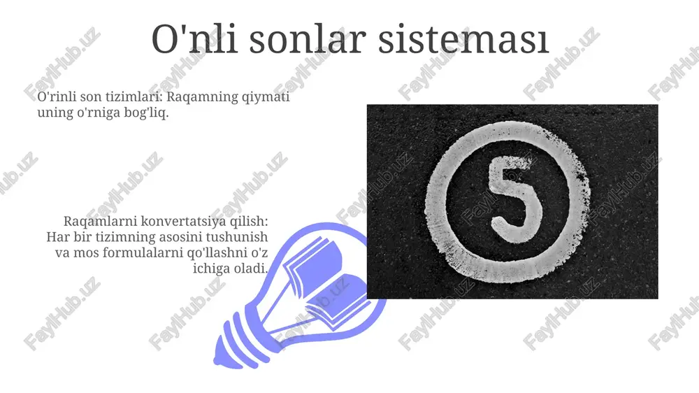 a qoldiqlar kabi izchil usulni qo'llang. o'rinli son tizimlari pozitsiyali son tizimlari sonlarni ifodalash uchun o'rin qiymatidan foydalanadilar. o'rinli bo'lmagan tizimlarda o'rin qiymati qo'llanilmaydi, har bir belgining qiymatı doimiy. raqam tizimlarining qoʻllanilishi raqam tizimlarining qo'llanilishi: kompyuterlarda, kriptografiyada, ilmiy hisob-kitoblarda va ma'lumotlarni siqishda qo'llaniladi. o'rinli va o'rinsiz son tizimlari: o'rinli tizimlar (masalan, o'nlik) o'rin qiymatidan foydalanadi, o'rinsiz tizimlar (masalan, rim raqamlari) esa foydalanmaydi. o'nlikdan sakkizlikka o'tkazish son tizimi konvertatsiyasi: bir bazadan boshqasiga qoldiqlarni yozib olib, yangi bazaga takroran bo'lish va natijani qoldiqlar yordamida tuzish orqali konvertatsiya qiling. o'nlik sonni sakkizlikka o'tkazish: o'nlik sonni 8 ga qoldiq bilan bo'ling. qoldiqlarni pastdan yuqoriga o'qiganingizda, sakkizlik son hosil bo'ladi. xulosa o'rinli va o'rinsiz: o'rinli tizimlar o'rin qiymatlaridan foydalanadi, o'rinsiz tizimlar esa yo'q. xulosa: raqam tizimlari sonli qiymatlarni turli xil usullar bilan ifodalash imkonini beradi. e'tiboringiz uchun rahmat @taqdimot_robot image4.jpg image5.jpg image6.jpg image7.jpg image8.jpg image9.jpg image10.jpg image11.jpg image12.jpg image13.jpg image14.jpg image15.jpg image16.jpg image17.jpg image18.jpg image19.jpg …