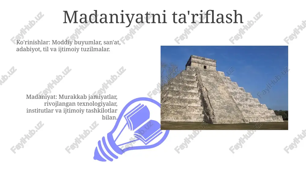 rkazlari. misol tarixlar: qadimgi misr, mesopotamiya tsivilizatsiyasi, rim imperiyasi. g'arb tsivilizatsiyasining yuksalishi g'arbiy tsivilizatsiyaning rivojlanishi texnologik taraqqiyot, siyosiy inqiloblar va falsafiy o'zgarishlar bilan tavsiflanadi. "madaniyat" - bu san'at, e'tiqod va ijtimoiy tuzilmalarni o'z ichiga olgan inson hayotidagi barcha jihatlarni qamrab oladigan kengroq tushuncha. madaniyat va sivilizatsiyaga tahdidlar "madaniyat" va "madaniyat"ni aniqlash: turli talqinlarga ega noaniq atamalar, ko'pincha hokimiyat tuzilmalari va ierarxiyalar bilan bog'liq. madaniyat va tsivilizatsiyaga tahdidlar: tashqi tahdidlar, masalan, iqlim o'zgarishi, resurslarning kamayishi, va ichki mojarolar, masalan, tengsizlik va ijtimoiy beqarorlik. madaniyat tushunchasi madaniyat: bir guruhning umumiy qarashlari, odatlari va urf-odatlari, shu jumladan san'at, til va qadriyatlar. tarixiy rivojlanish: madaniyat ham, tsivilizatsiya ham vaqt o'tishi bilan o'zaro ta'sirlar, ixtirolar va moslashuvlar orqali rivojlanadi. e'tiboringiz uchun rahmat @taqdimot_robot image4.jpg image5.jpg image6.jpg image7.jpg image8.jpg image9.jpg image10.jpg image11.jpg image12.jpg image13.jpg image14.jpg image15.jpg image16.jpg image17.jpg image18.jpg image19.jpg image20.jpg image1.jpeg image2.jpeg image3.jpeg