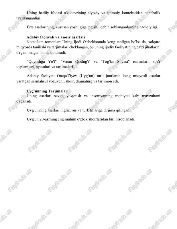 evgi, yo'qotish va insoniyatning mohiyati kabi mavzularni o'rganadi. uyg'un'ning asarlari ingliz, rus va turk tillariga tarjima qilingan. uyg'un 20-asrning eng muhim o'zbek shoirlaridan biri hisoblanadi. xulosa rahmatulla otaqo'ziyevning ijodi an'anaviy va zamonaviy elementlarning noyob uyg'unligini namoyish etadi, bu uning madaniy merosining chuqur ta'sirini hamda zamonaviy tomoshabinlar uchun uni qayta talqin qilish qobiliyatini ochib beradi foydalanilgan adabiyotlar "rahmatulla otaqo'ziyev (uygʻun) ijodiyoti haqida ma'lumotlarni to'plash uchun aniq manbalarni berolmayman, chunki bu chop etilgan asar emas, balki tadqiqot mavzusi. biroq sizga kerakli ma'lumotlarni topishga yordam beradigan manbalarni taklif qila olaman: 1