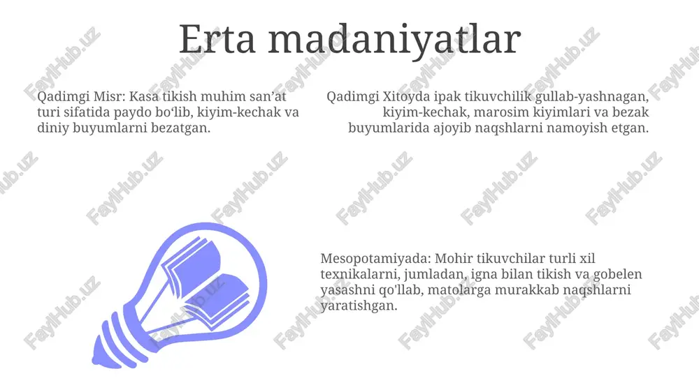 angan bo'lib, murakkab bezaklar tobora ommalashib borgan. 21-asrda kashtado'zlik kashtachilik an'anaviy texnikalardan tashqari rivojlanib, yangi materiallar va raqamli vositalarni o'zlashtirdi. san'at shakli o'zining ko'p qirrali ekanligi, ifoda etuvchan salohiyati va hunarmandchilik an'analari bilan bog'liqligi tufayli qaytadan mashhurlikka erishmoqda. zamonaviy tikuvchilik rassomlari an'anaviy estetikani qayta ko'rib chiqib, shaxs, ijtimoiy tanqid va vaqtinchalik mavzularda o'z fikrlarini bildirishmoqda. e'tiboringiz uchun rahmat @taqdimot_robot image1.jpeg image2.jpeg image3.jpeg