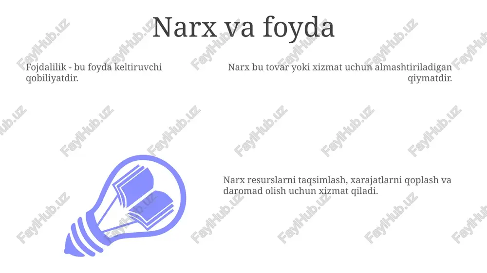 asi: narxlash strategiyasi bozorlardagi brend imiji va qabul qilinishiga qanday ta'sir qiladi? narxning ma'nosi: narx - bu mahsulot yoki xizmat uchun almashtiriladigan qiymat boʻlib, uning qadr-qimmatini aks ettiradi va iste'molchi qarorlariga ta'sir qiladi. narxning vazifalari: narx daromad manbai, xarajatlarni qoplash mexanizmi va talabga ta'sir ko'rsatish hamda foyda maqsadlariga erishish vositasi sifatida xizmat qiladi. e'tiboringiz uchun rahmat @taqdimot_robot image1.jpeg image2.jpeg image3.jpeg