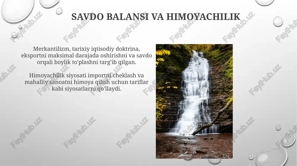 ka erishish uchun tariflar, subsidiyalar va importni cheklash kabi siyosatlarni ilgari surishgan. xvi-xviii asrlarda hukmron bo'lgan merkantilizm iqtisodiy nazariyasi savdo balansini ijobiy holatga keltirish orqali, ya'ni oltin va kumush to'plash orqali milliy boylikni oshirishga e'tibor qaratgan. merkantilizm: tarixiy nuqtai nazar jean-baptiste colbert, thomas mun va sir william petty kabi tarafdorlar eksportni rag'batlantirish, oltin zaxiralarini to'plash va mahalliy sanoatni himoya qilish uchun hukumat aralashuvini himoya qilishdi. tashqi savdo orqali milliy boylikni oshirishga, ya'ni eksport importdan ko'p bo'lishga urg'u bergan. merkantilizm merosi merkantilizm savdo orqali milliy boylikni oshirishga urg'u bergan, bu esa mustamlakachilik va protektsionizm siyosatiga olib kelgan. tomas mun kabi tarafdorlar oltin va kumush zaxiralarini to'plash, eksportni rag'batlantirish va importni cheklashga ishonishgan. zamonaviy iqtisodiy siyosatda merkantilizm g'oyalari davlat aralashuvi: ko'pincha strategik tarmoqlar va infratuzilma investitsiyalari orqali iqtisodiy rivojlanishda faol rol o'ynash. boylik to'plash: millat iqtisodiy kuchiga, ko'pincha savdo ortiqchaligi va oltin zaxiralari bilan o'lchanadigan, e'tibor qaratish. e'tiboringiz uchun rahmat @taqdimot_robot image3.png …