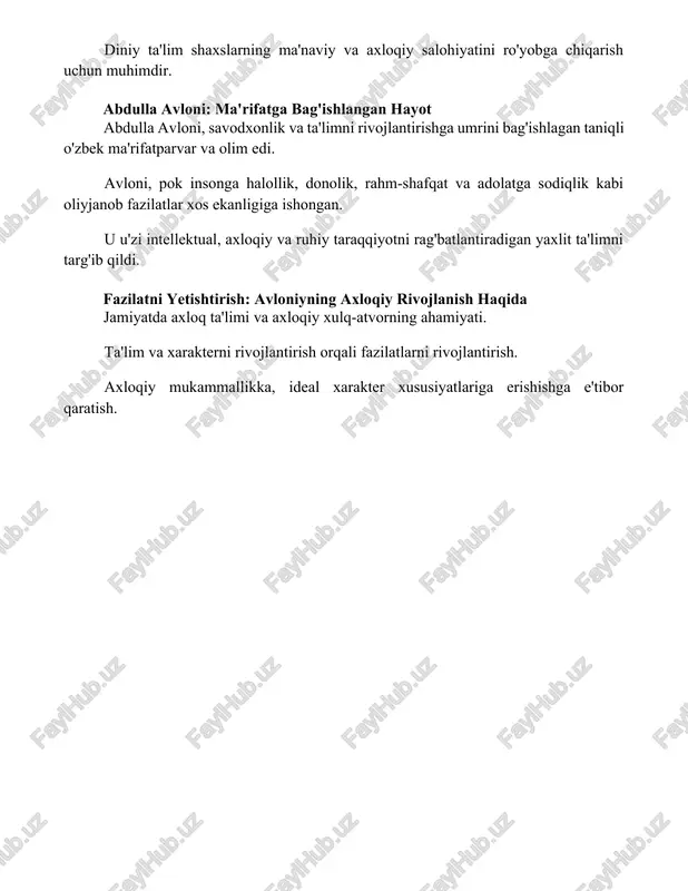 arakter xususiyatlariga erishishga e'tibor qaratish. xulosa abdulla avloni ideal insonni kuchli aql, chuqur bilim va pok yurakli deb tasavvur qilgan. u ta'lim, axloqiy poklik va insoniyatga xizmat qilish istagining muhimligini ta'kidlagan. bu ideal shaxs ham olim, ham mehrli rahbar bo'lib, boshqalarni yaxshiroq kelajakka boshlab boradi. foydalanilgan adabiyotlar "abdulla avloniyning mukammal inson haqidagi qarashlari haqida aniq ma'lumotlarni taqdim eta olmayman, chunki: ma'lumotlarning chegaralanganligi: avloniy o'zbek adabiyoti va madaniyatida taniqli shaxs bo'lgan bo'lsa-da, ideal inson haqidagi uning aniq fikrlari ingliz tilidagi manbalarda keng tarqalmagan yoki oson topiladigan bo'lmasligi mumkin