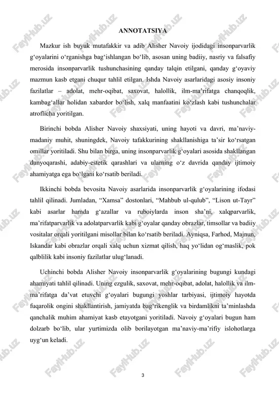 iy, lutfiy kabi olim va shoirlardan ta’lim olgan. u qur’on, hadis, islomiy tasavvuf ilmini chuqur o‘zlashtirib, tasavvufiy dunyoqarash asosida insonni ma’naviy yuksaltirishga alohida e’tibor qaratgan. ayniqsa, tasavvuf g‘oyalari — insonni nafsdan poklash, haqiqatni izlash, xudoga yetishish yo‘lida riyozat qilish, xalqga xizmat qilish kabi yuksak tushunchalar navoiy ijodining negizini tashkil qiladi. shu bilan birga, navoiy g‘aznaviylar, saljuqiylar va boshqa sharq mumtoz adabiyoti namoyandalarining asarlarini ham chuqur o‘rganadi. u rudakiy, firdavsiy, sa’diy, hofiz, attor, nizomiy kabi shoirlarning ijodidan ilhomlanib, ularning insonparvarlik g‘oyalarini o‘z ijodida davom ettiradi va rivojlantiradi. navoiy uchun shaxsiy kamolot faqat ilm, ma’rifat va xalqga xizmat qilish orqaligina amalga oshadi. 3. insonparvarlik g‘oyalarining shakllanishiga sabab bo‘lgan omillar navoiy asarlarida insonparvarlik g‘oyalarining shakllanishi bir necha muhim omillar bilan bog‘liq: ma’naviy muhit: hirot shahrida ilm-fan va adabiyotning gullab-yashnashi, ko‘plab allomalarning mavjudligi navoiy tafakkuriga ta’sir ko‘rsatgan. shaxsiy tajriba: navoiy saroyda vazirlik darajasiga ko‘tarilgan, davlat ishlarida faol qatnashgan. u amalda ijtimoiy adolatsizlik, kambag‘allik va …