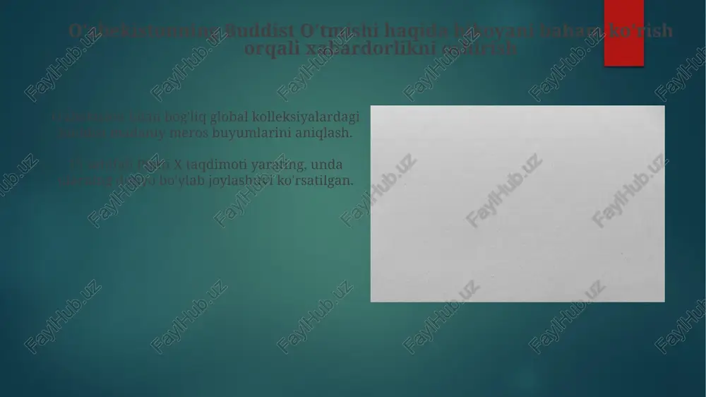 ni yaratish. pipiti x dan foydalanib, bu obyektlarning global joylashuvini aks ettiruvchi 15+ sahifali prezentatsiya yarating. global to'plamlardagi katalog albomlaridan ushbu ob'ektlarni aniqlang. albomlar katalogi: xazinalarni ochish o'zbekiston madaniy merosiga oid global kolleksiyalardagi katalog albomlaridan buddist madaniy meros buyumlari aniqlash. pipiti x dasturi yordamida dunyo bo'ylab ushbu obyektlarning joylashuvini xaritaga tushirishni o'z ichiga olgan 15+ sahifali taqdimot yarating. e'tiboringiz uchun rahmat @taqdimot_robot image6.jpg image7.jpg image8.jpg image9.jpg image10.jpg image11.jpg image12.jpg image13.jpg image14.jpg image15.jpg image16.jpg image17.jpg image18.jpg image19.jpg image20.jpg image21.jpg image22.jpg image2.png image3.png image4.png image5.png